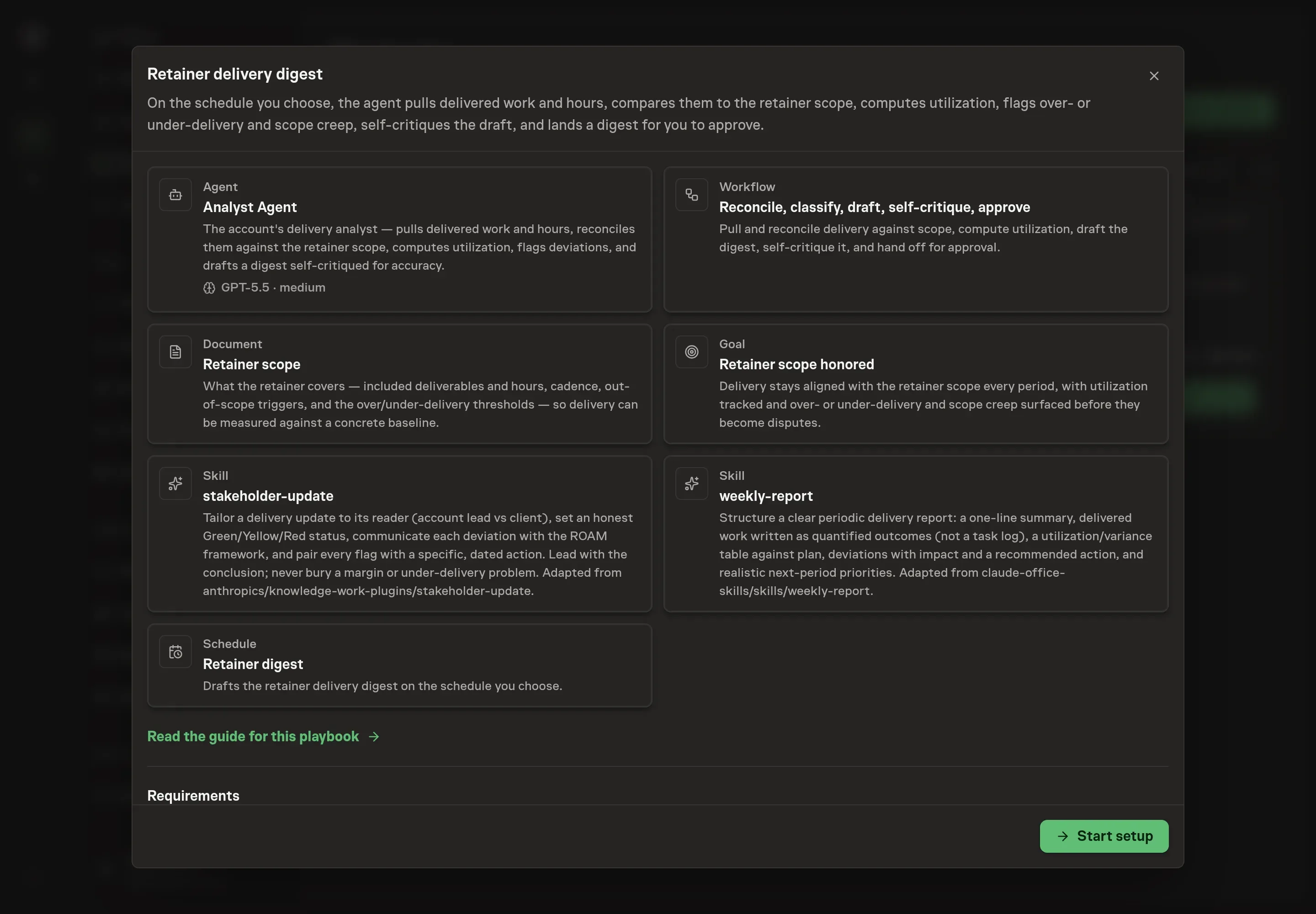 The Retainer delivery digest preview showing the analyst agent, digest workflow, Retainer scope document, goal, and schedule, with a Start setup button