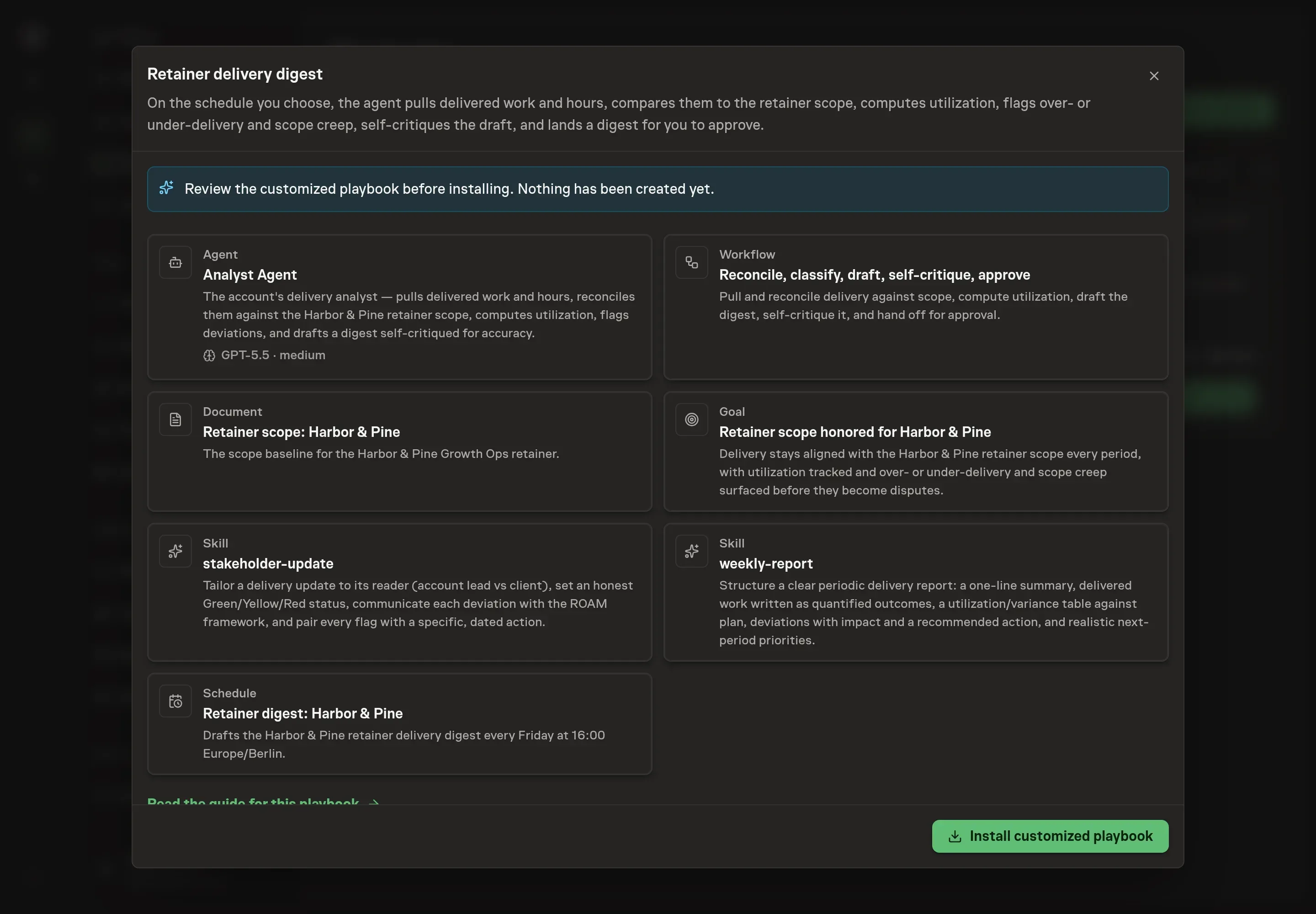 The review step showing the customized retainer digest agent, workflow, Retainer scope document, goal, and schedule