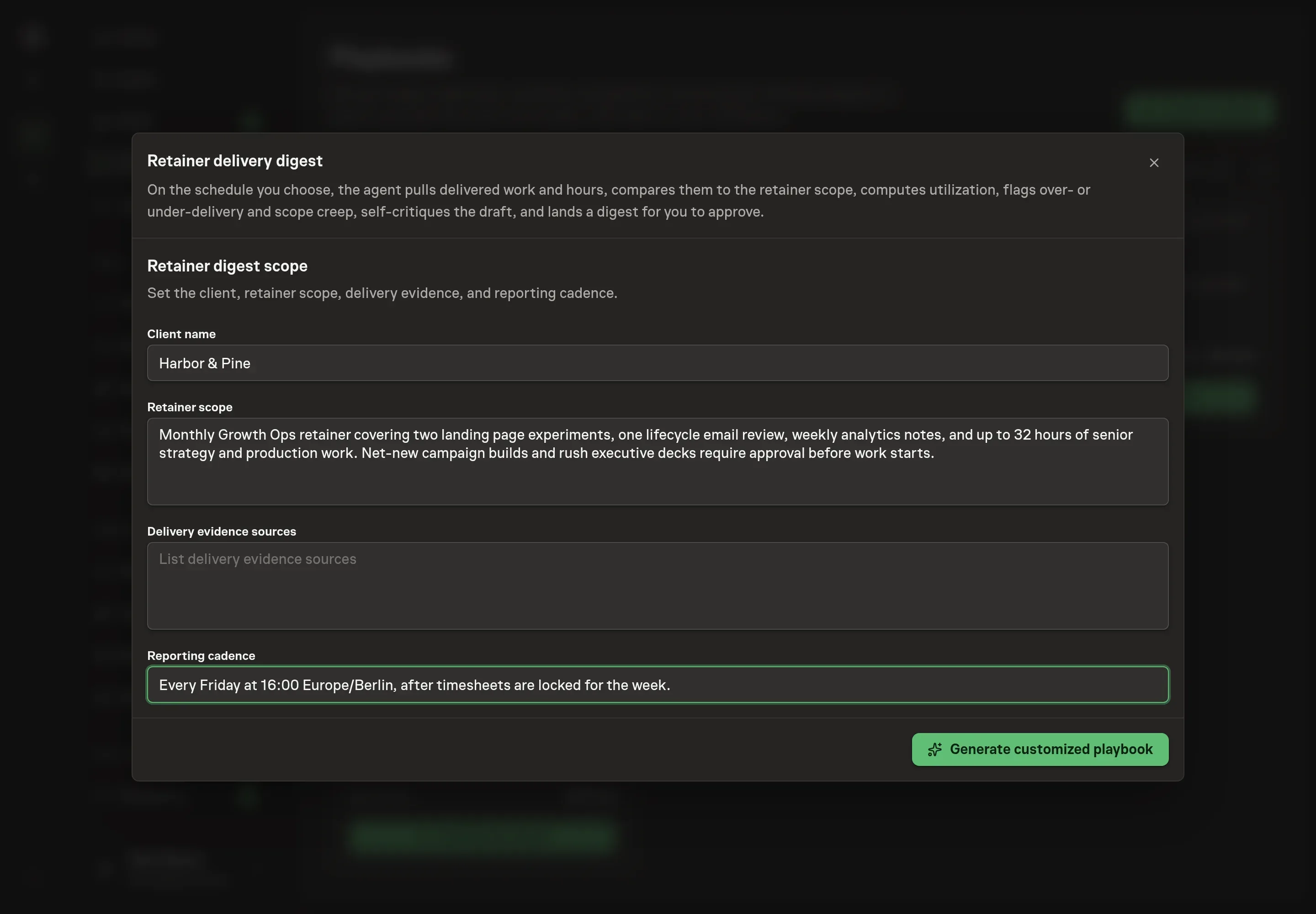 The setup form filled with client name, retainer scope, delivery evidence sources, and reporting cadence for Northwind Studio