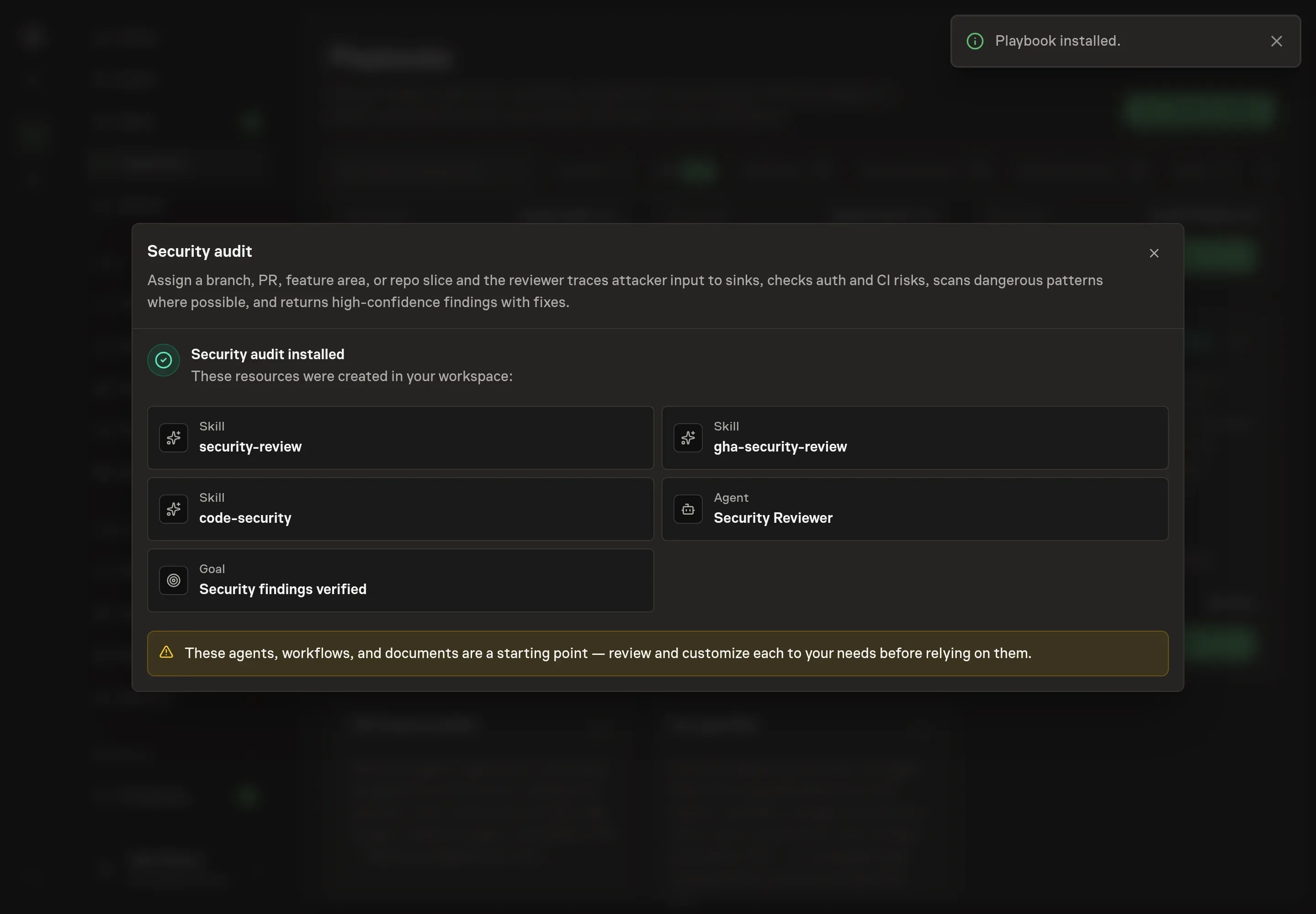 The install confirmation listing the created Security Reviewer, security skills, verified findings goal, and starter task proposal