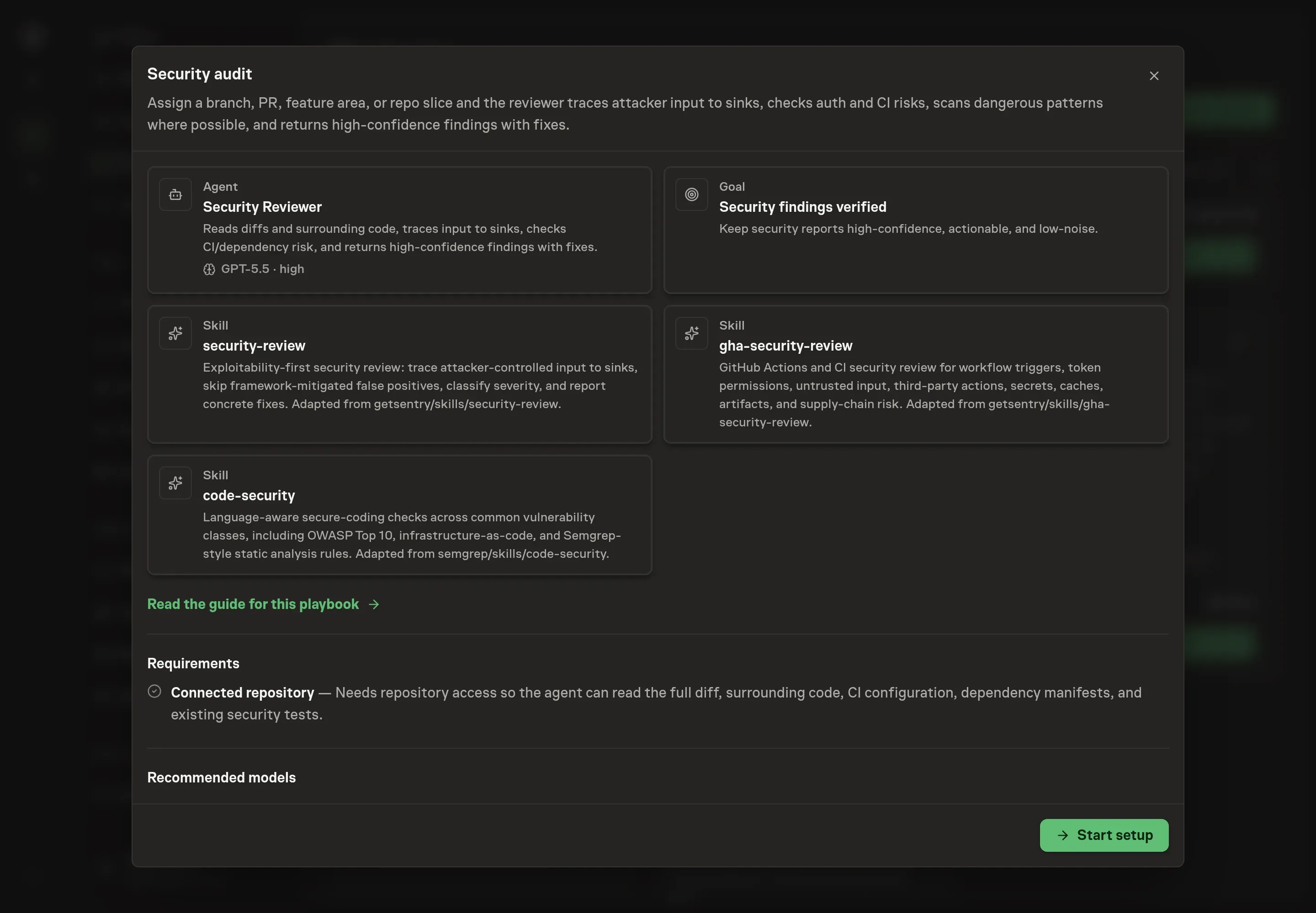 The Security audit preview listing the agent, three skills, verified findings goal, repository requirement, and a Start setup button