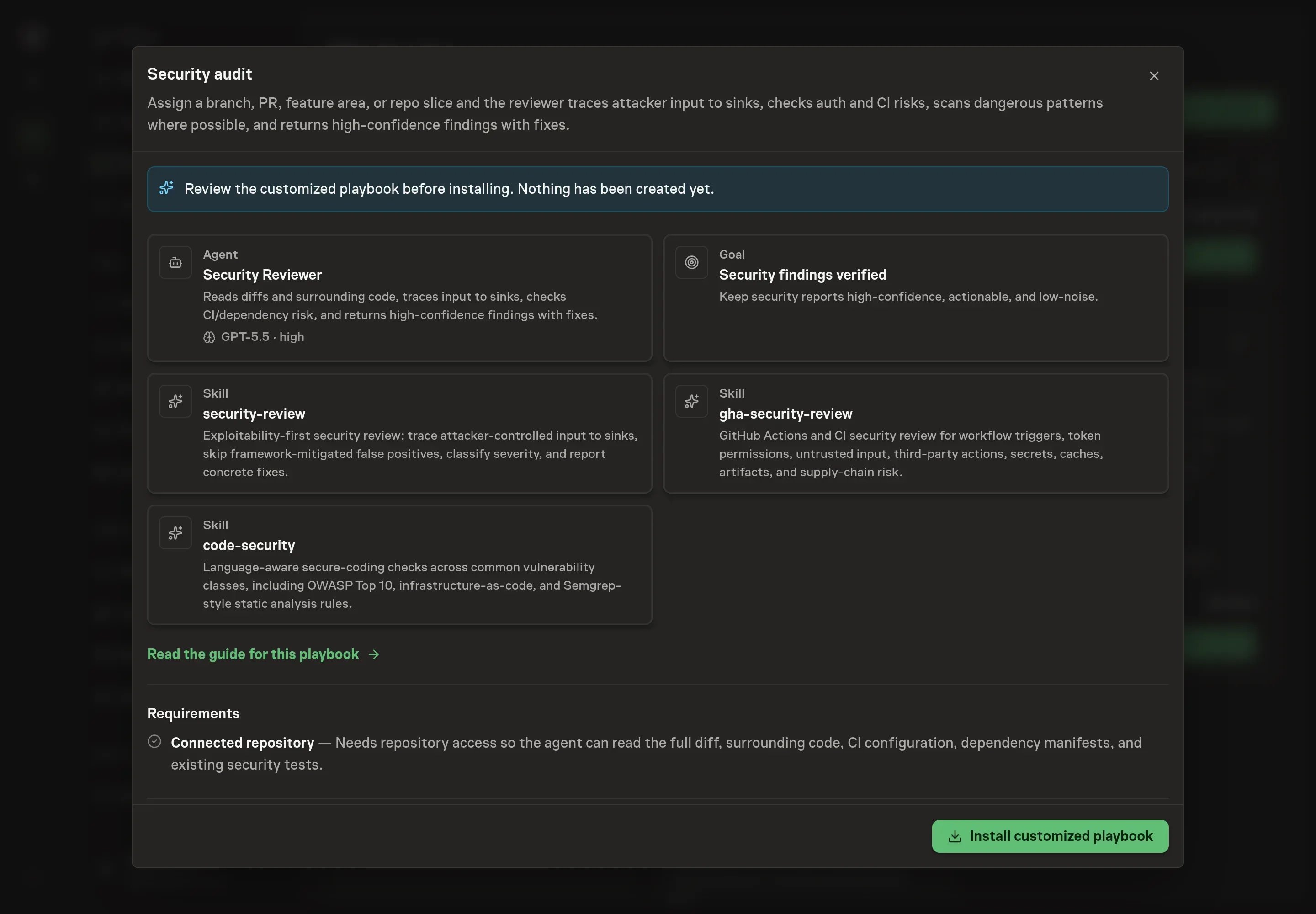 The review step showing the customized Security Reviewer, skills, goal, and starter task, with the audit scope and verification command included