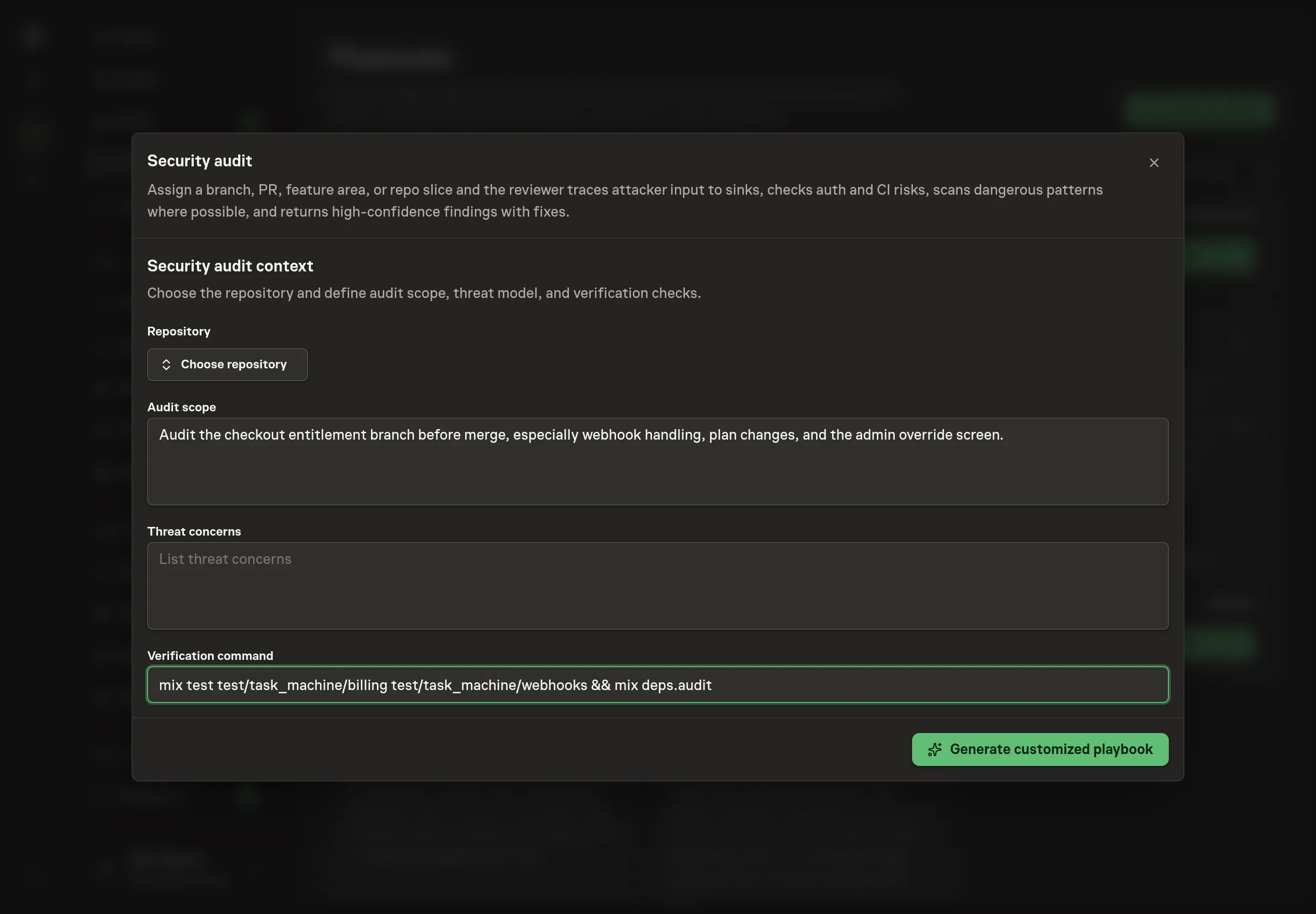 The setup form filled in with a repository, checkout flow audit scope, authorization and secret-handling concerns, and a verification command