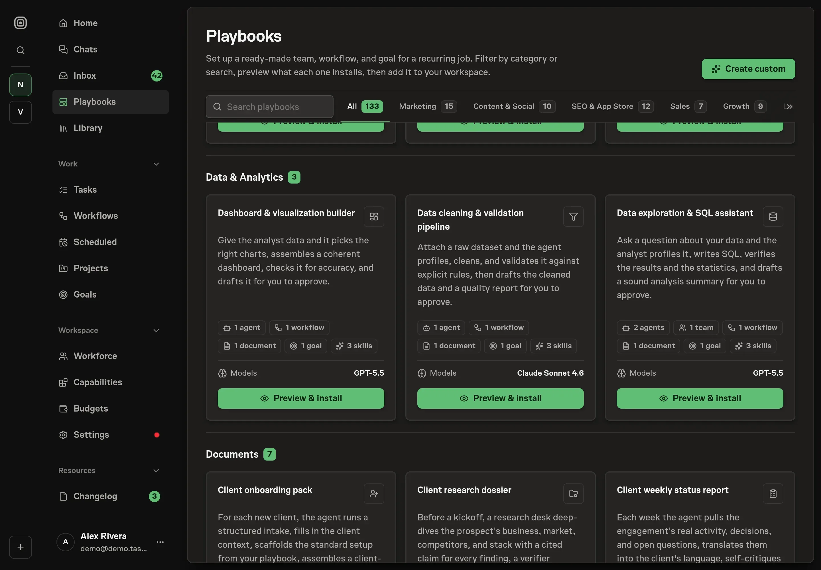 The playbook gallery with the Data exploration and SQL assistant card in the Data category, listing the analyst, verifier, workflow, schema document, team, goal, and skills