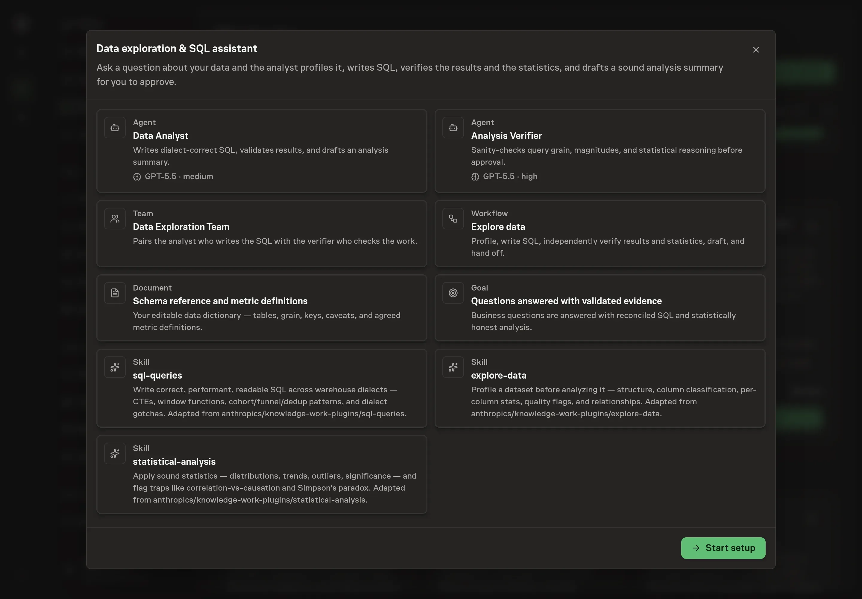 The Data exploration and SQL assistant preview showing the analyst, verifier, team, Explore data workflow, schema reference document, goal, and skills, with a Start setup button