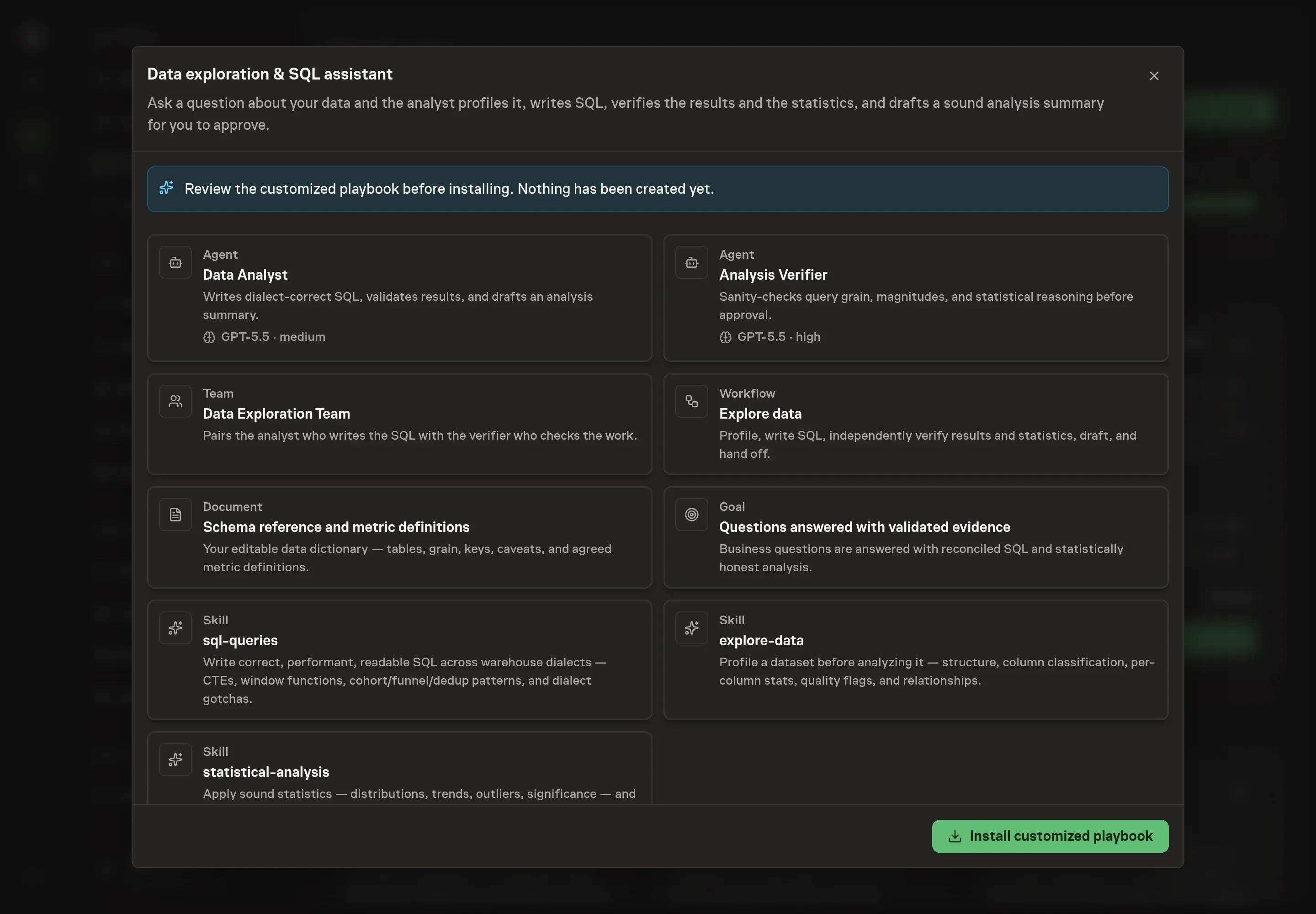 The review step showing the customized Data Analyst, Analysis Verifier, Data Exploration Team, Explore data workflow, schema reference document, goal, and follow-ups