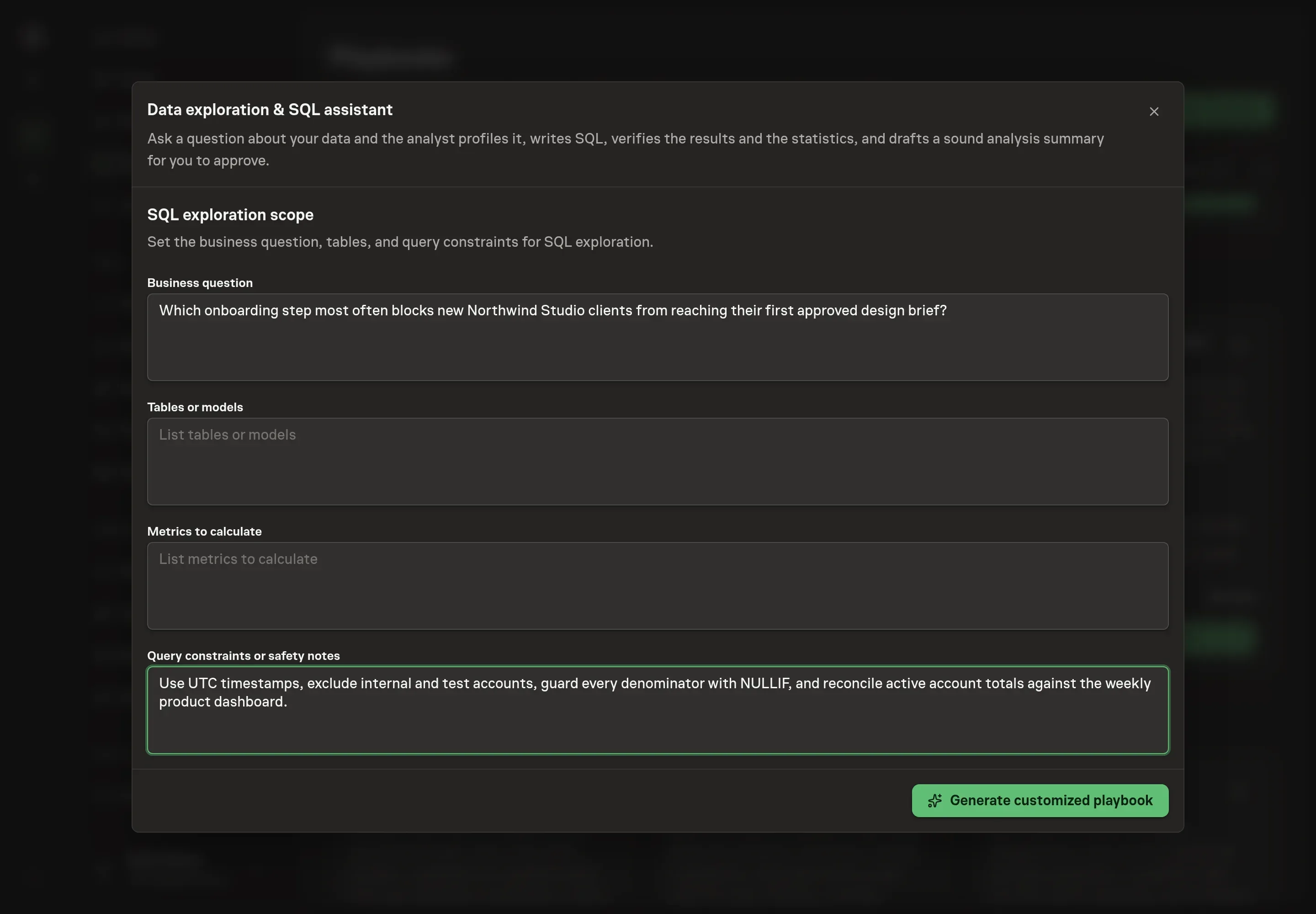 The setup form filled with a Northwind Studio activation question, event and account tables, activation and conversion metrics, and safety notes about UTC dates and soft-deleted accounts