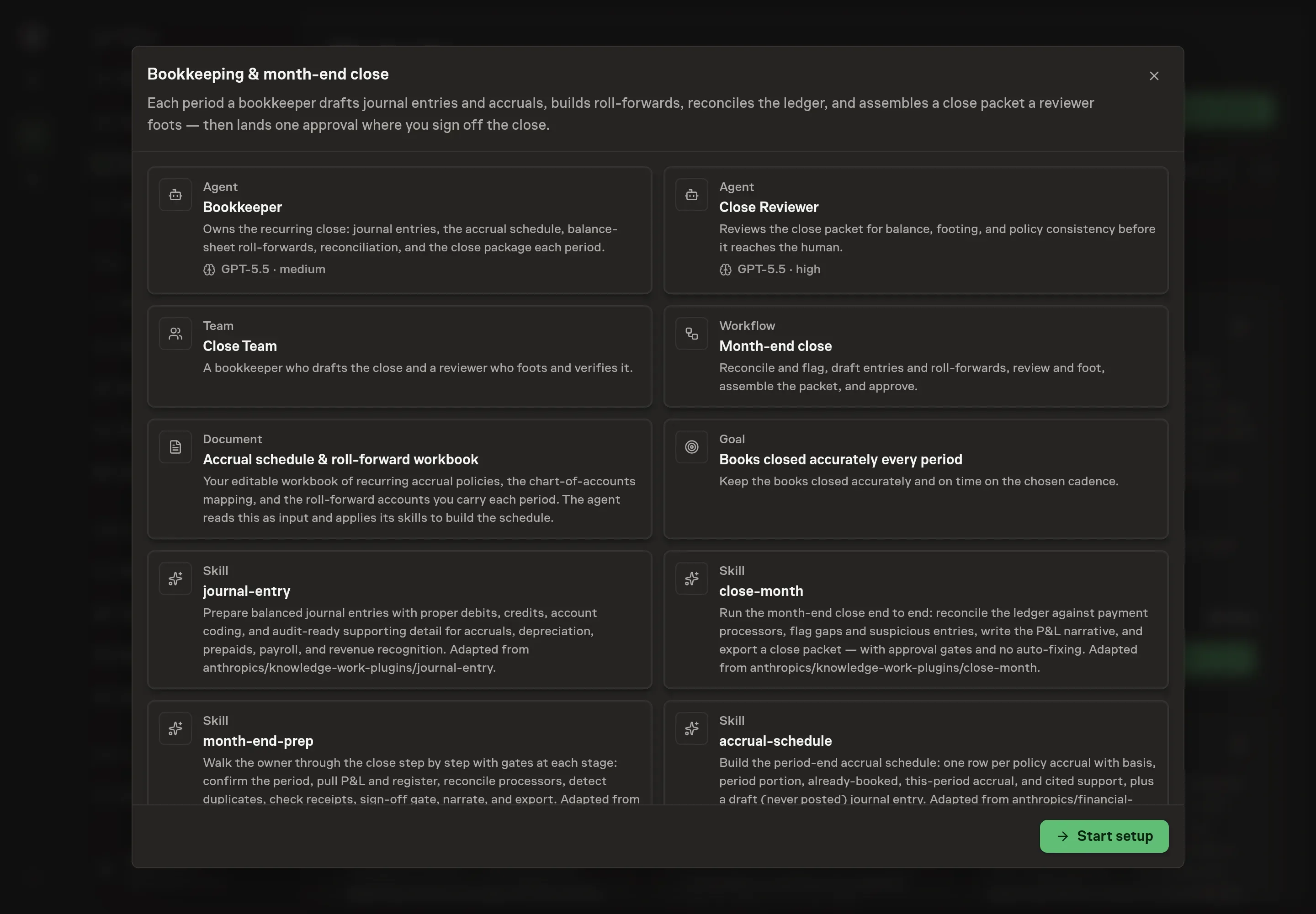The Bookkeeping & month-end close preview listing the Bookkeeper and Close Reviewer agents, the Close Team, the workflow, the workbook document, the goal, all six skills, and the monthly schedule, with a Start setup button