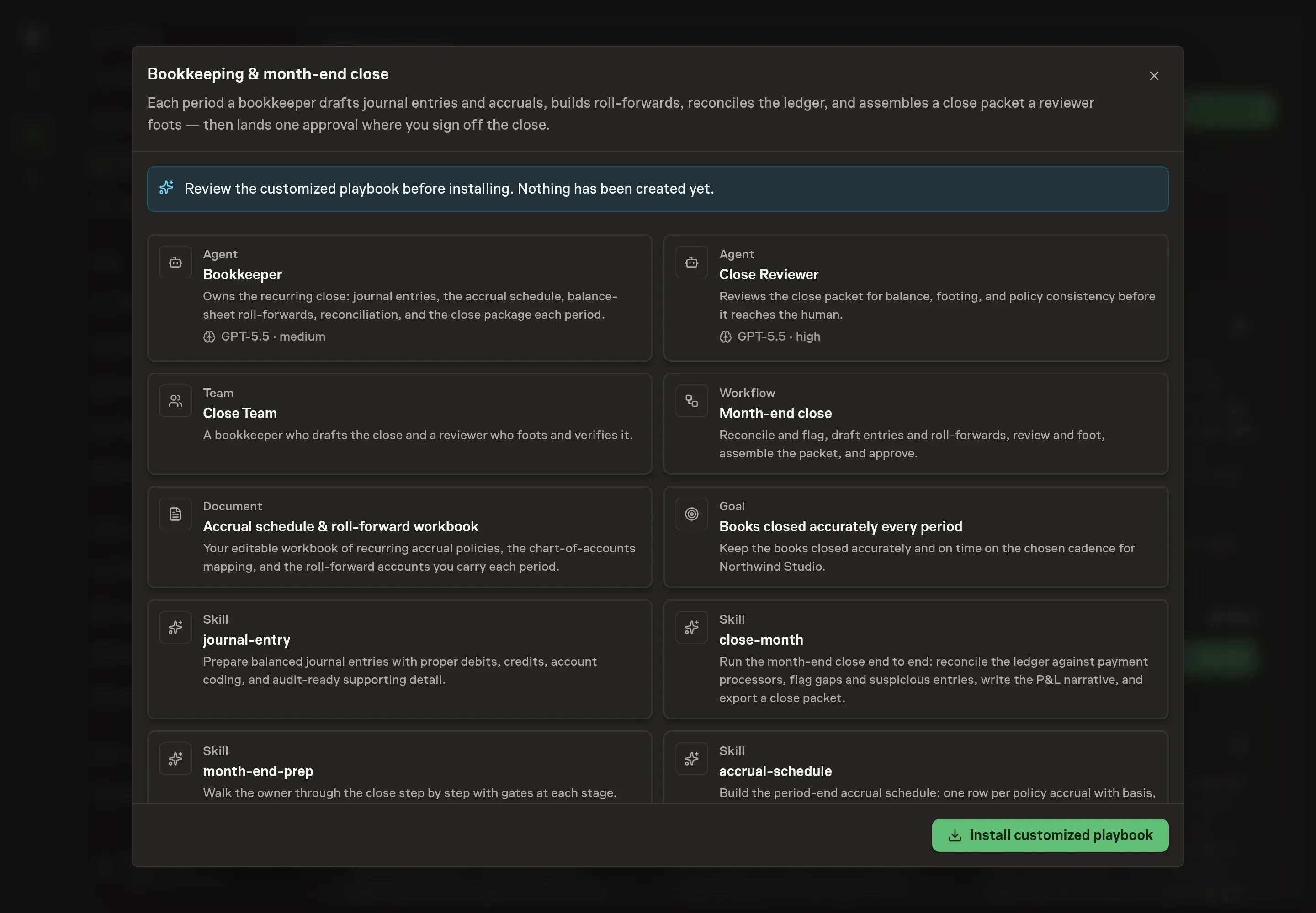 The review step showing the customized Bookkeeper and Close Reviewer, the Close Team, the workflow, the workbook, the goal, the skills, and the schedule, with a banner confirming nothing has been created yet