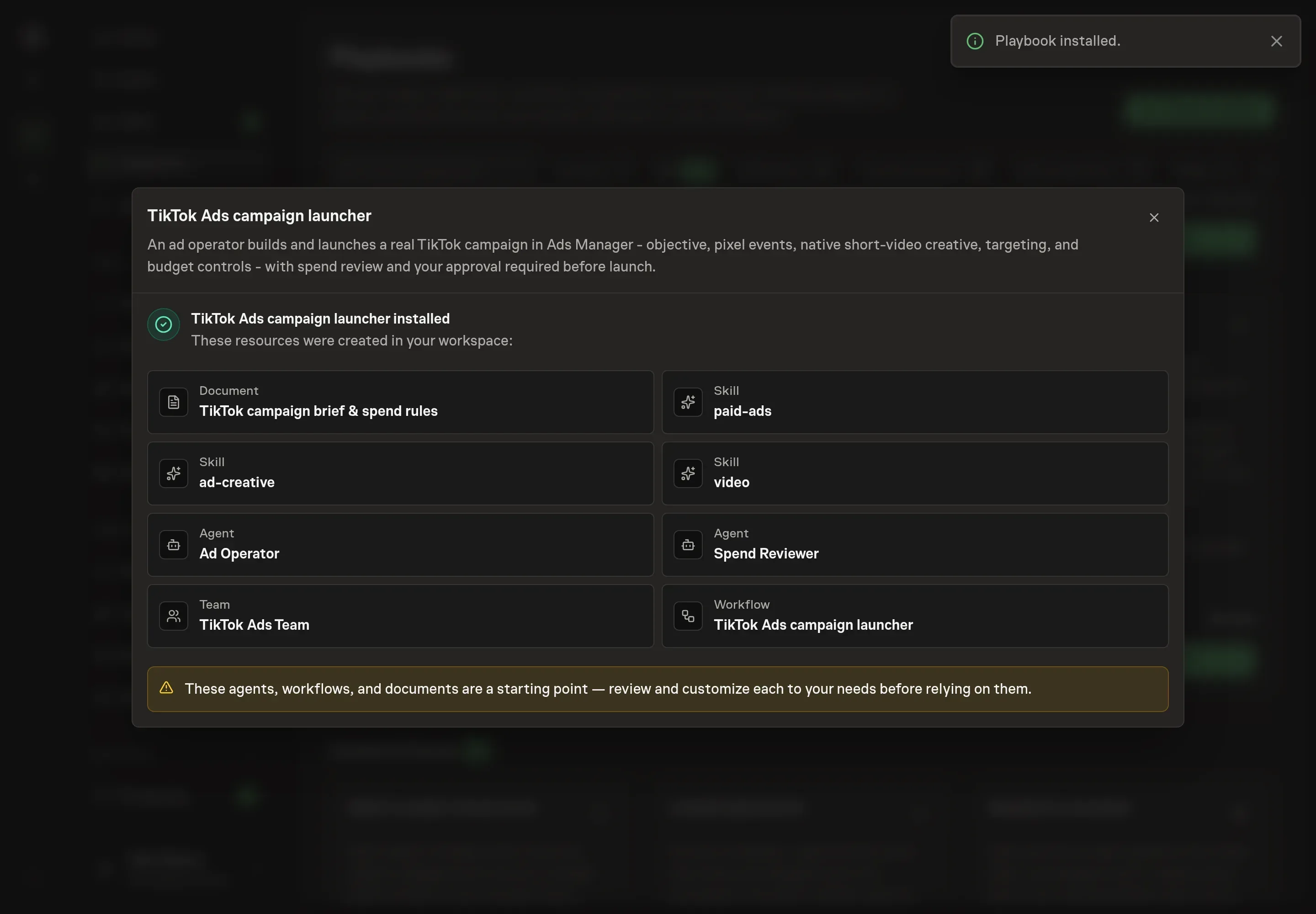 The install confirmation listing the created TikTok Ads campaign launcher records and follow-up tasks