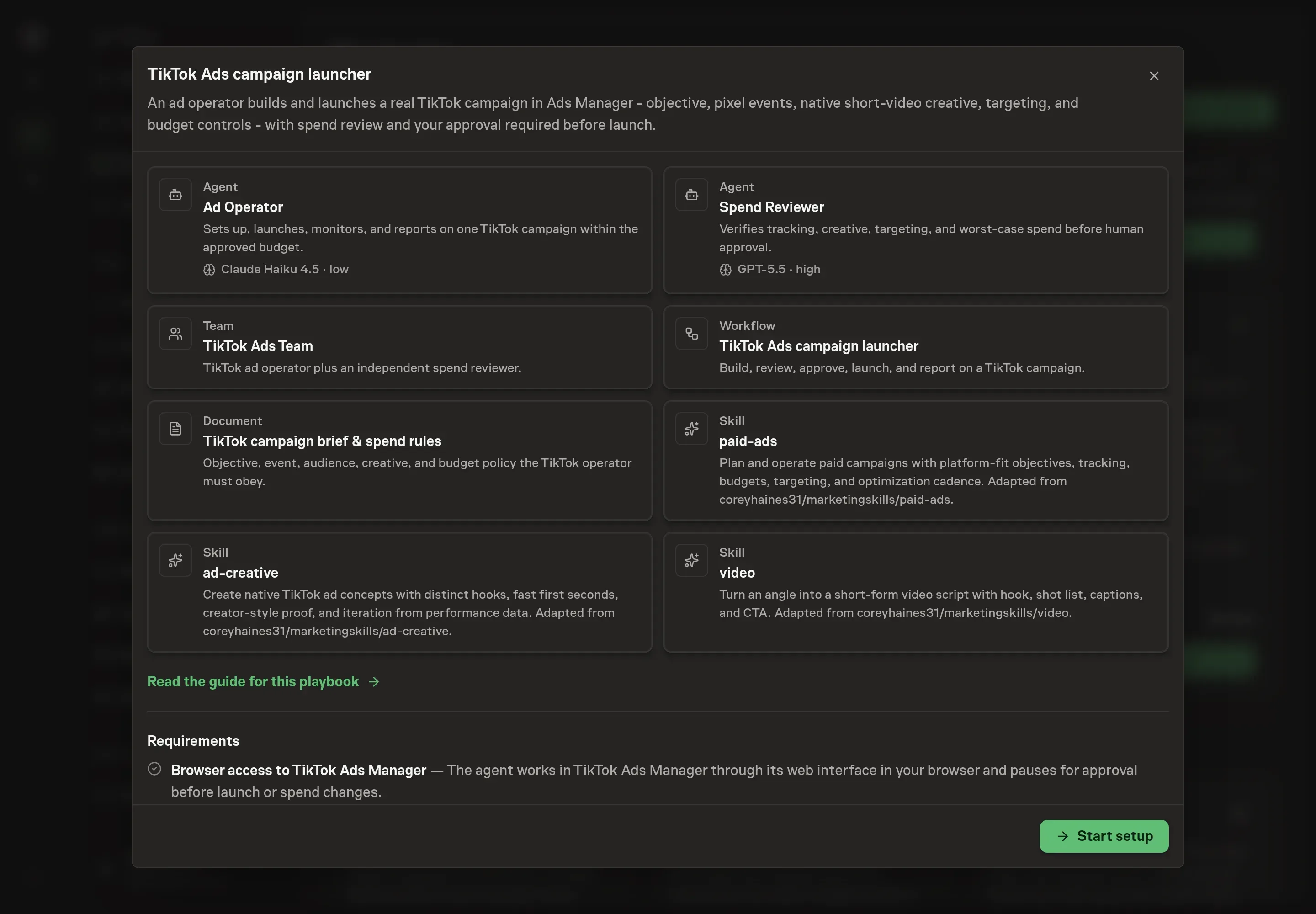 The TikTok Ads campaign launcher preview listing the agents, team, workflow, campaign brief, skills, and Start setup button