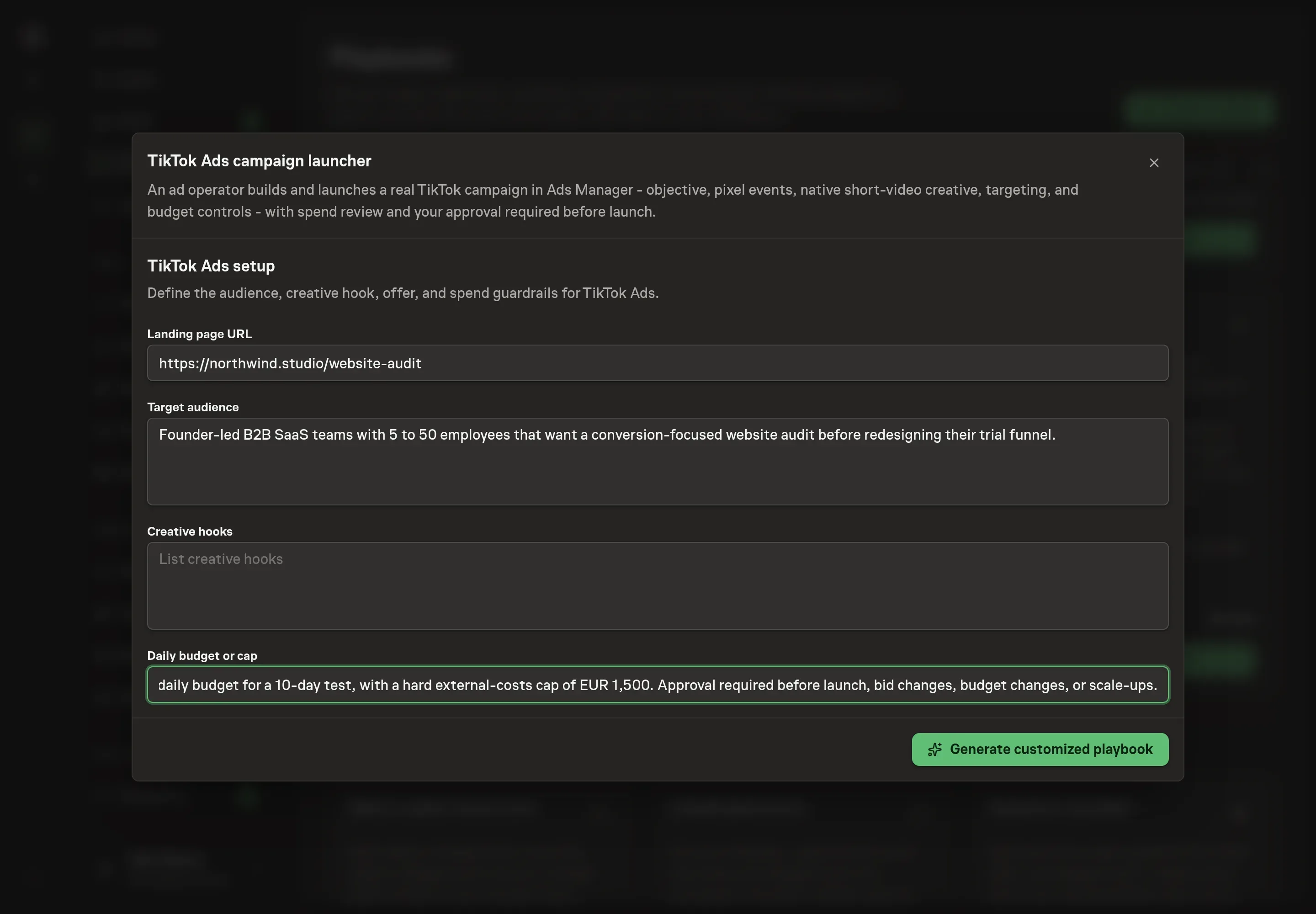 The setup form filled with the Northwind Studio landing page URL, founder audience, five TikTok creative hooks, and a daily campaign budget cap
