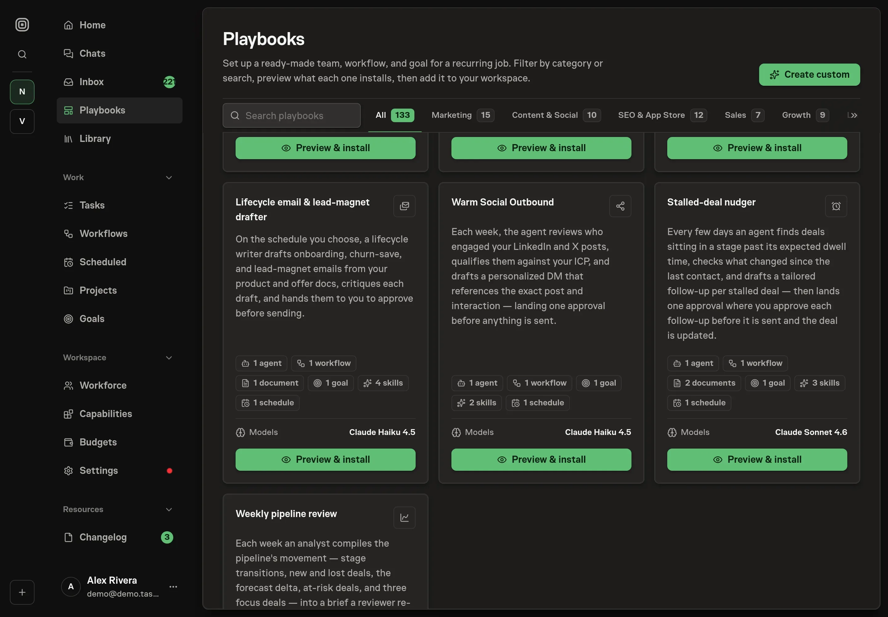 The playbook gallery with the Warm Social Outbound card in the Sales category, listing the agent, workflow, goal, skills, and schedule