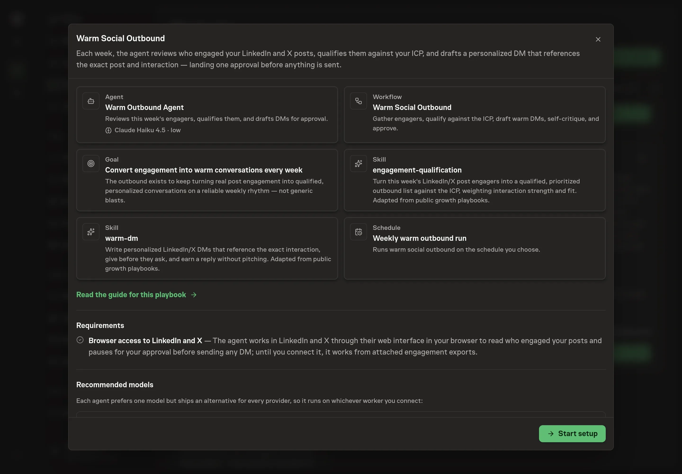 The Warm Social Outbound preview showing the agent, workflow, engagement qualification skill, warm DM skill, goal, and weekly schedule with a Start setup button