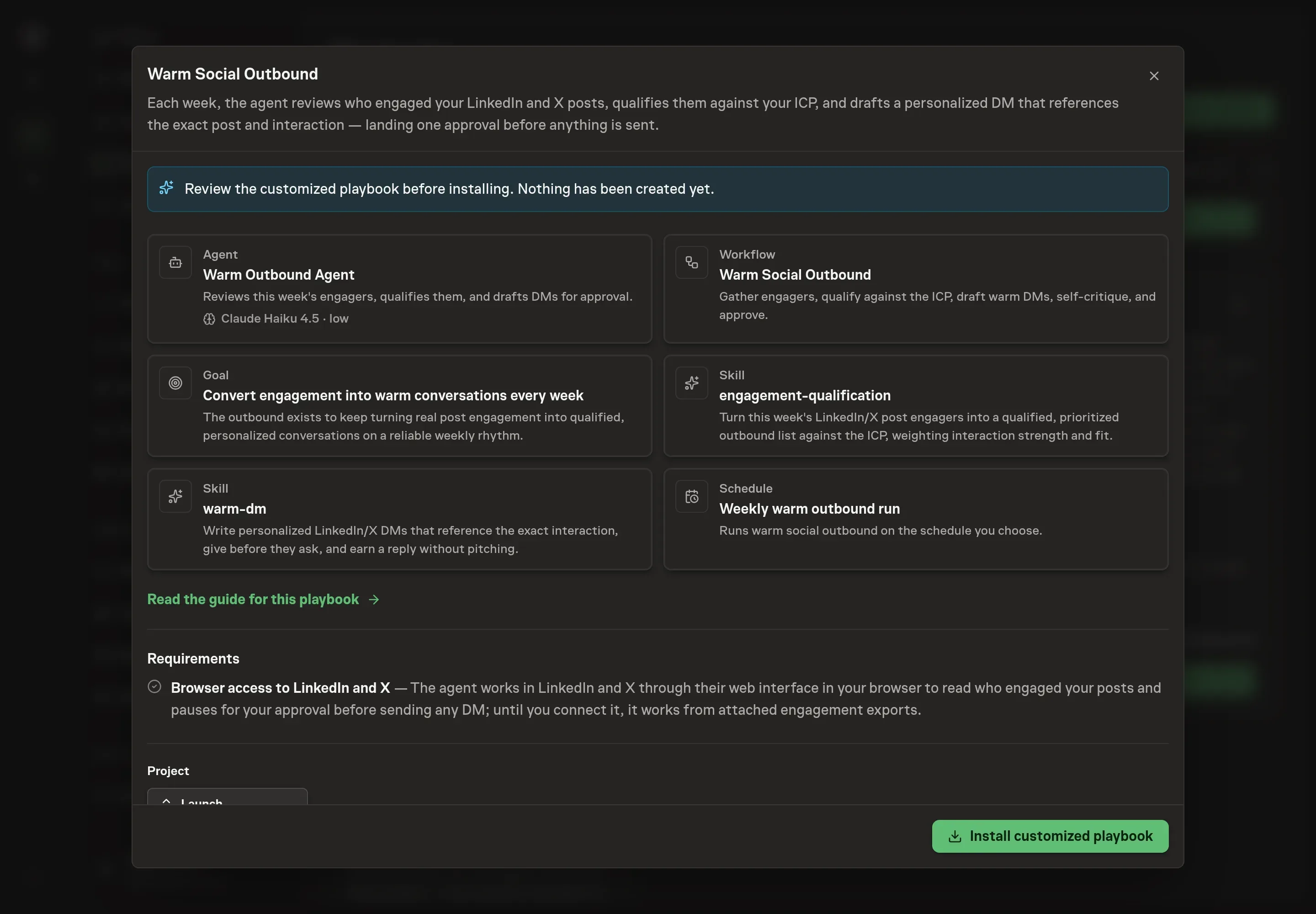 The review step showing the customized Warm Outbound Agent, workflow, skills, goal, and weekly schedule before installation