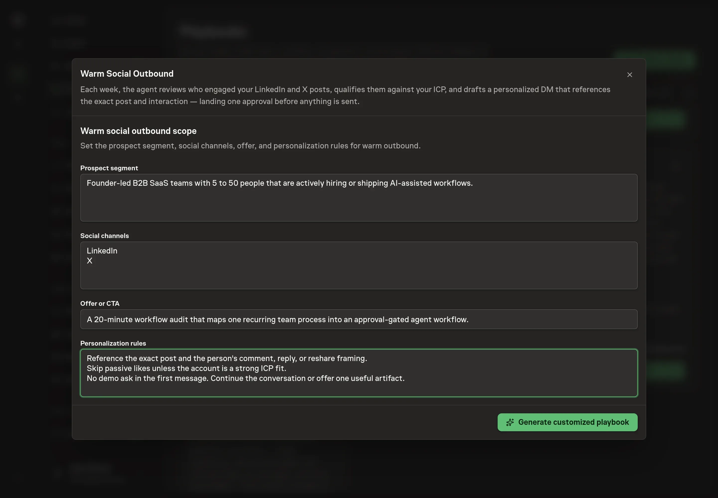 The setup form filled in with a founder-led SaaS prospect segment, LinkedIn and X channels, a website audit CTA, and personalization rules based on exact comments and reshares