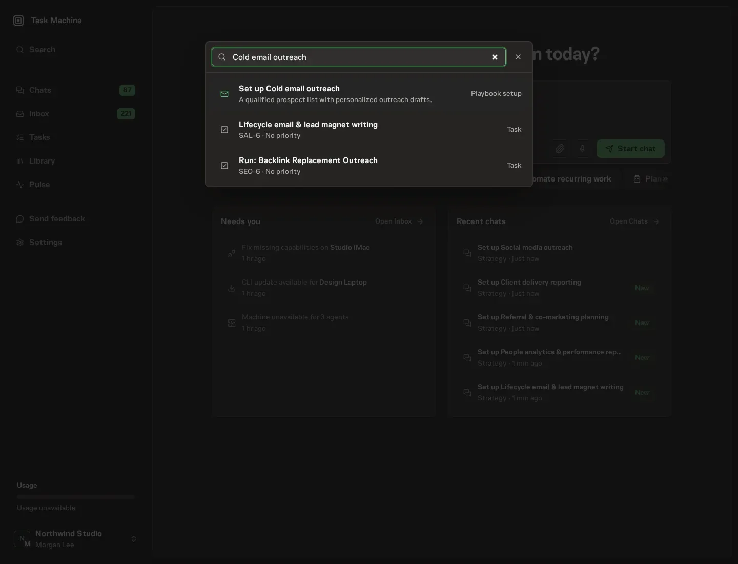 The command center offering Set up Cold email outreach