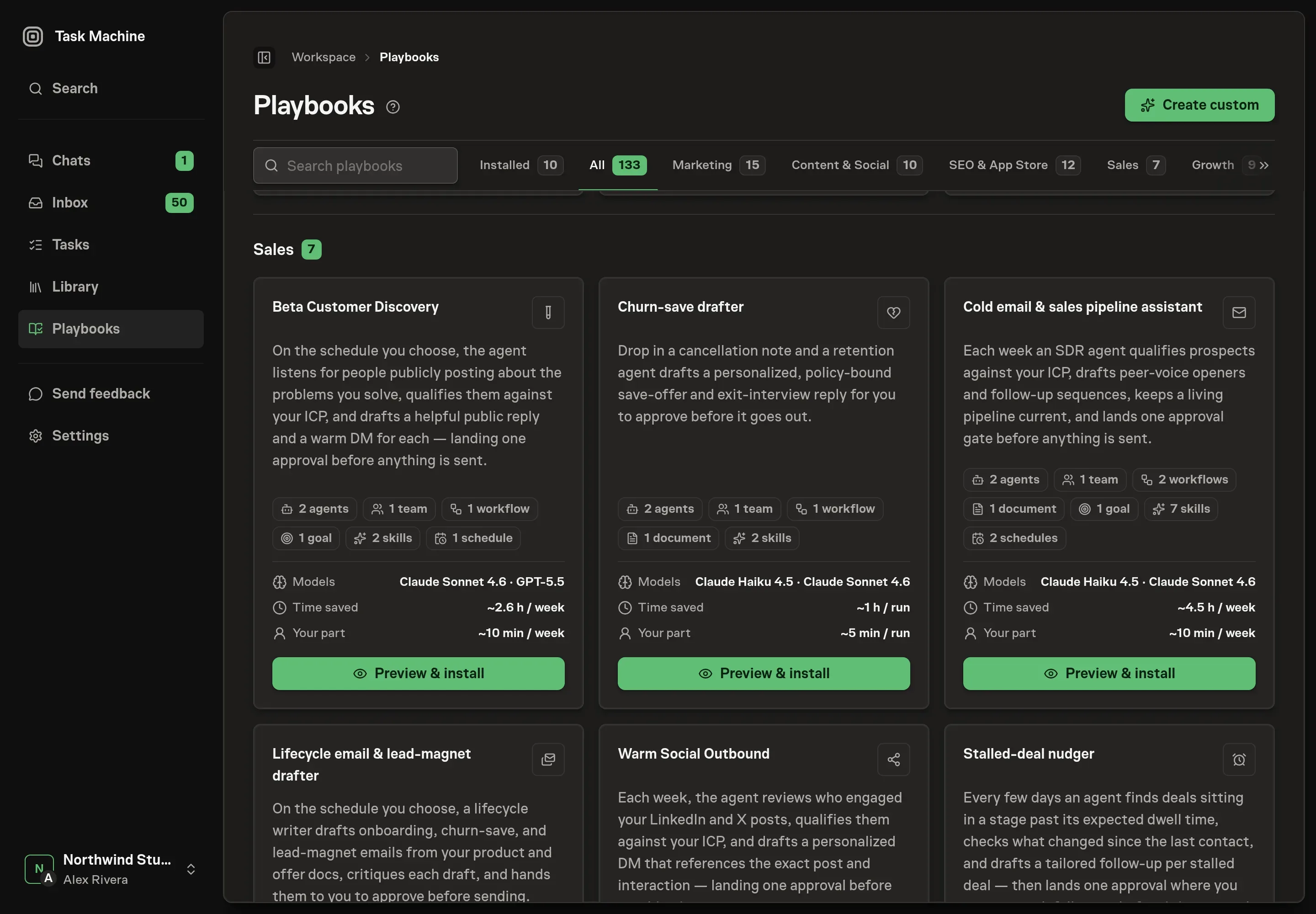 The playbook gallery with the Cold email assistant card listing two agents, one team, two workflows, one document, one goal, seven skills, and two schedules