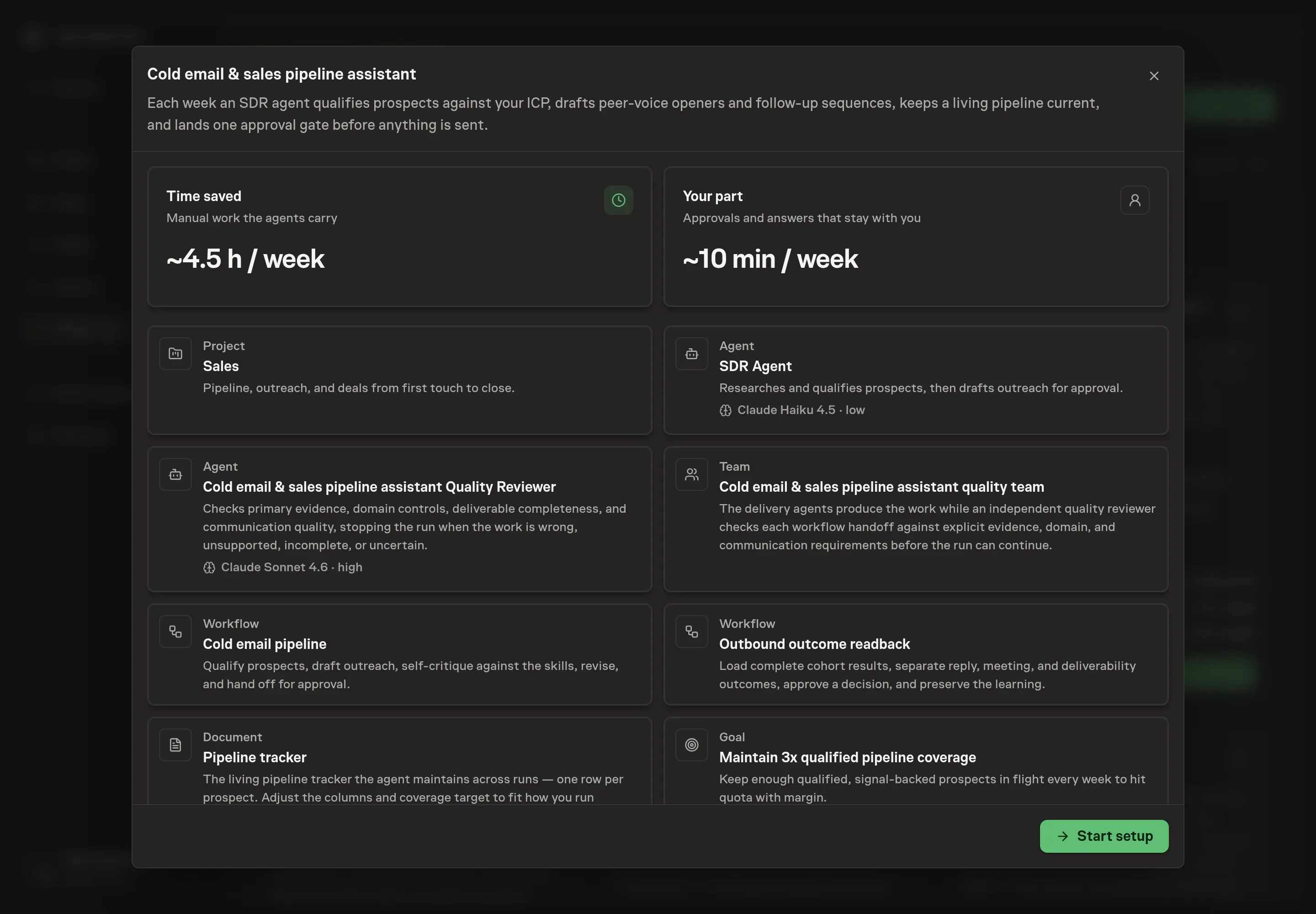 The Cold email & sales pipeline assistant preview listing the SDR Agent, the workflow, the pipeline tracker, the goal, all seven skills, the weekly schedule, and HubSpot and Attio as optional CRM services, with a Start setup button