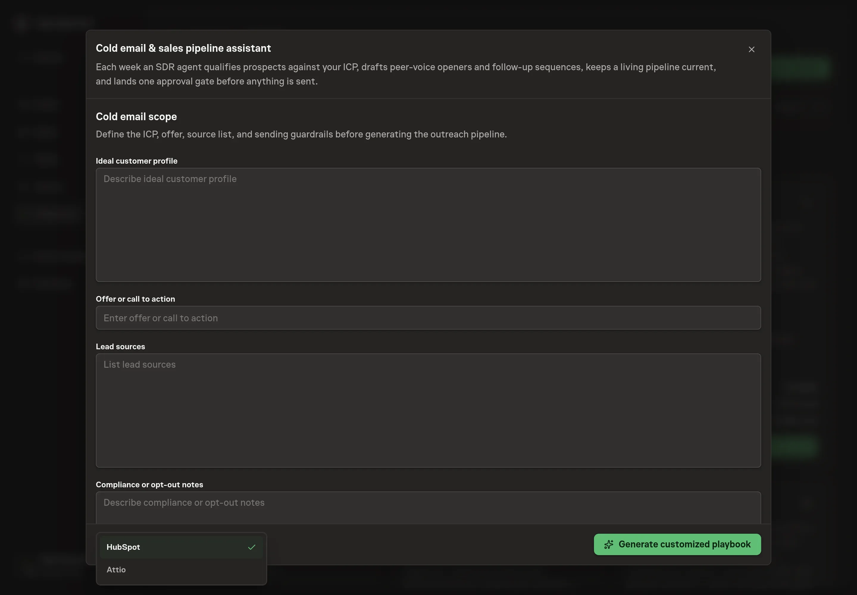The CRM picker open on the setup step, with HubSpot checked and Attio available