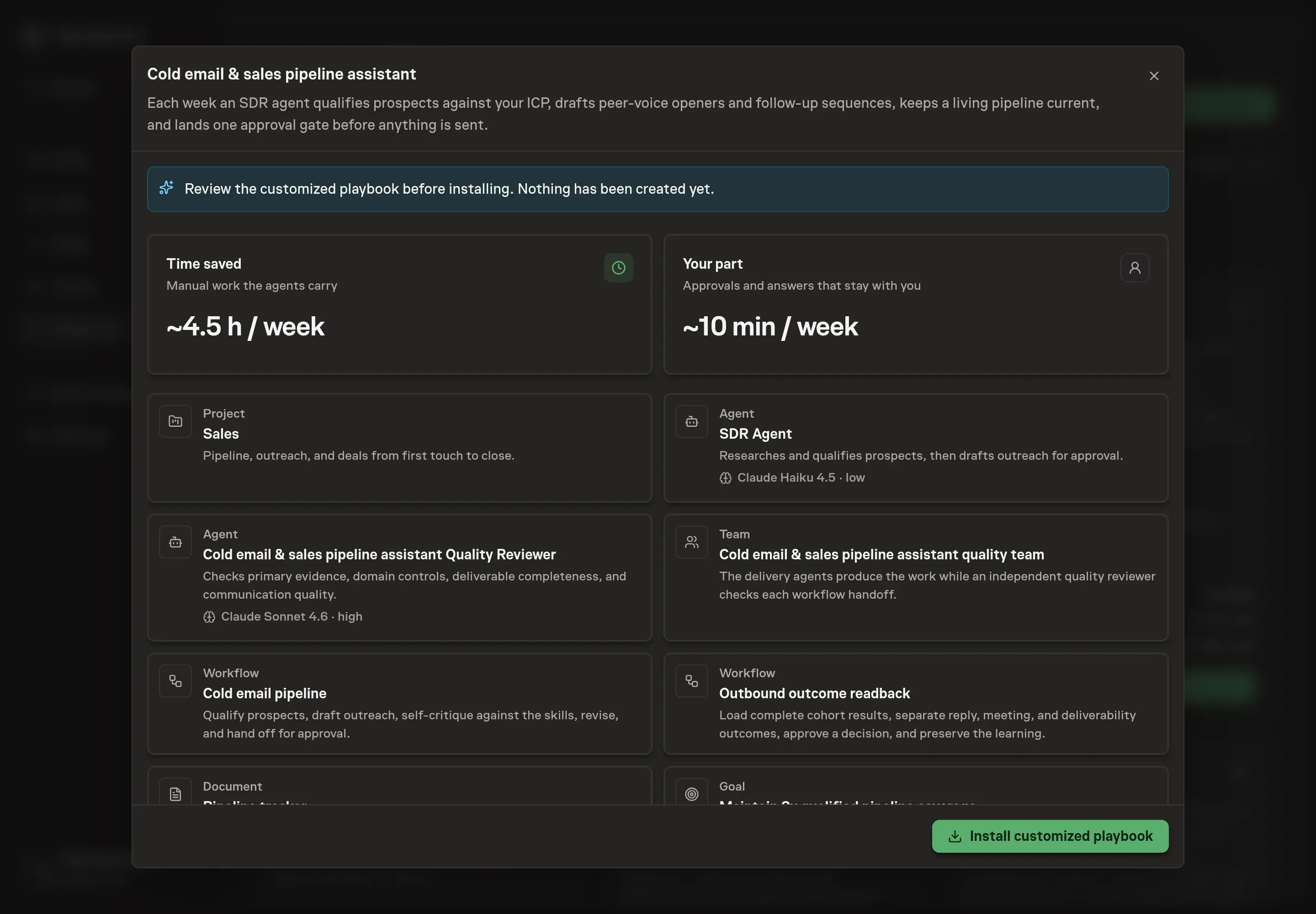 The review step showing the customized SDR Agent, workflow, tracker, goal, skills, and schedule, with HubSpot as the only connected service and a banner confirming nothing has been created yet