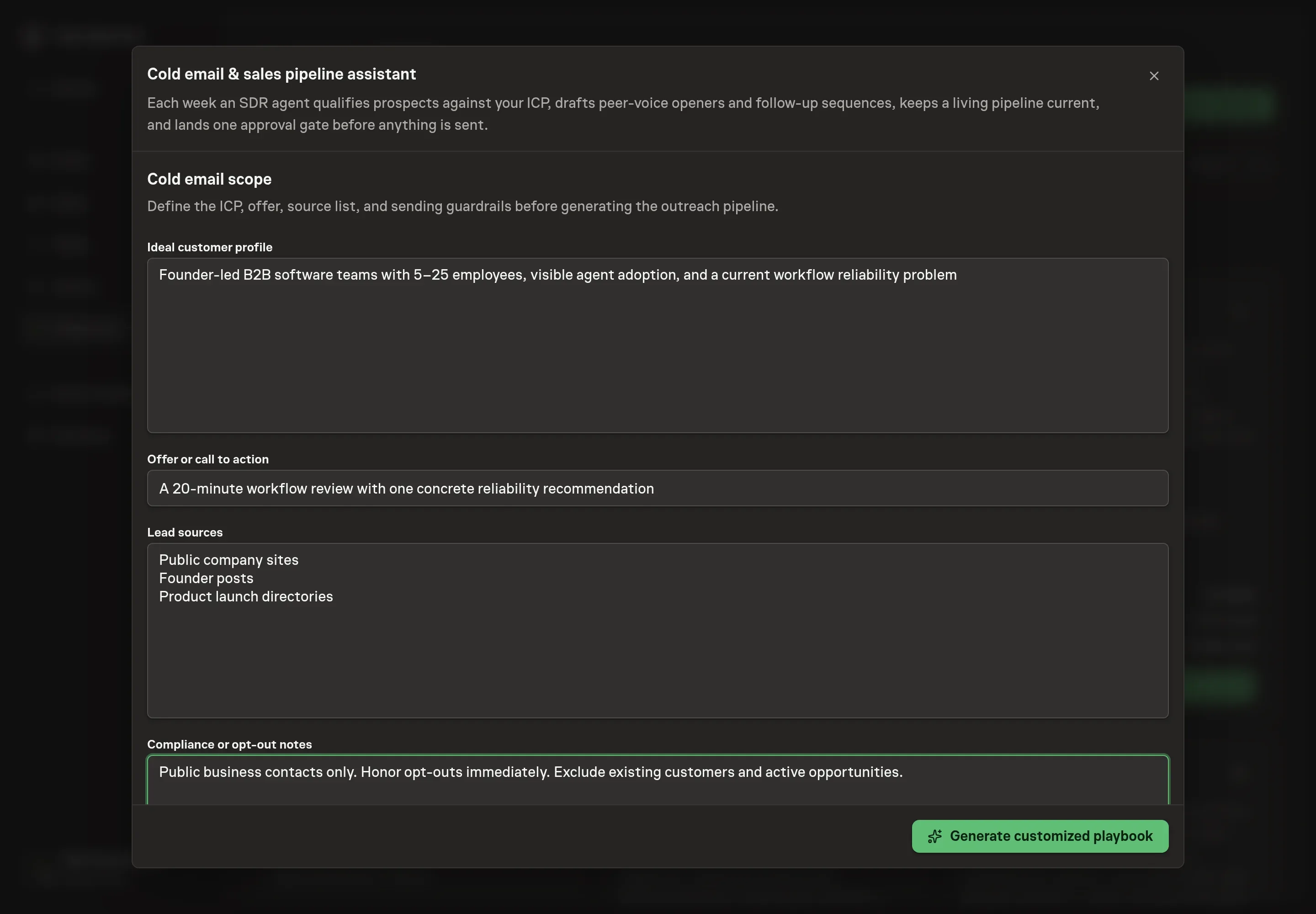 The setup form filled in for a design studio: HubSpot selected as the CRM, an ideal customer profile, an offer, lead sources, and compliance notes