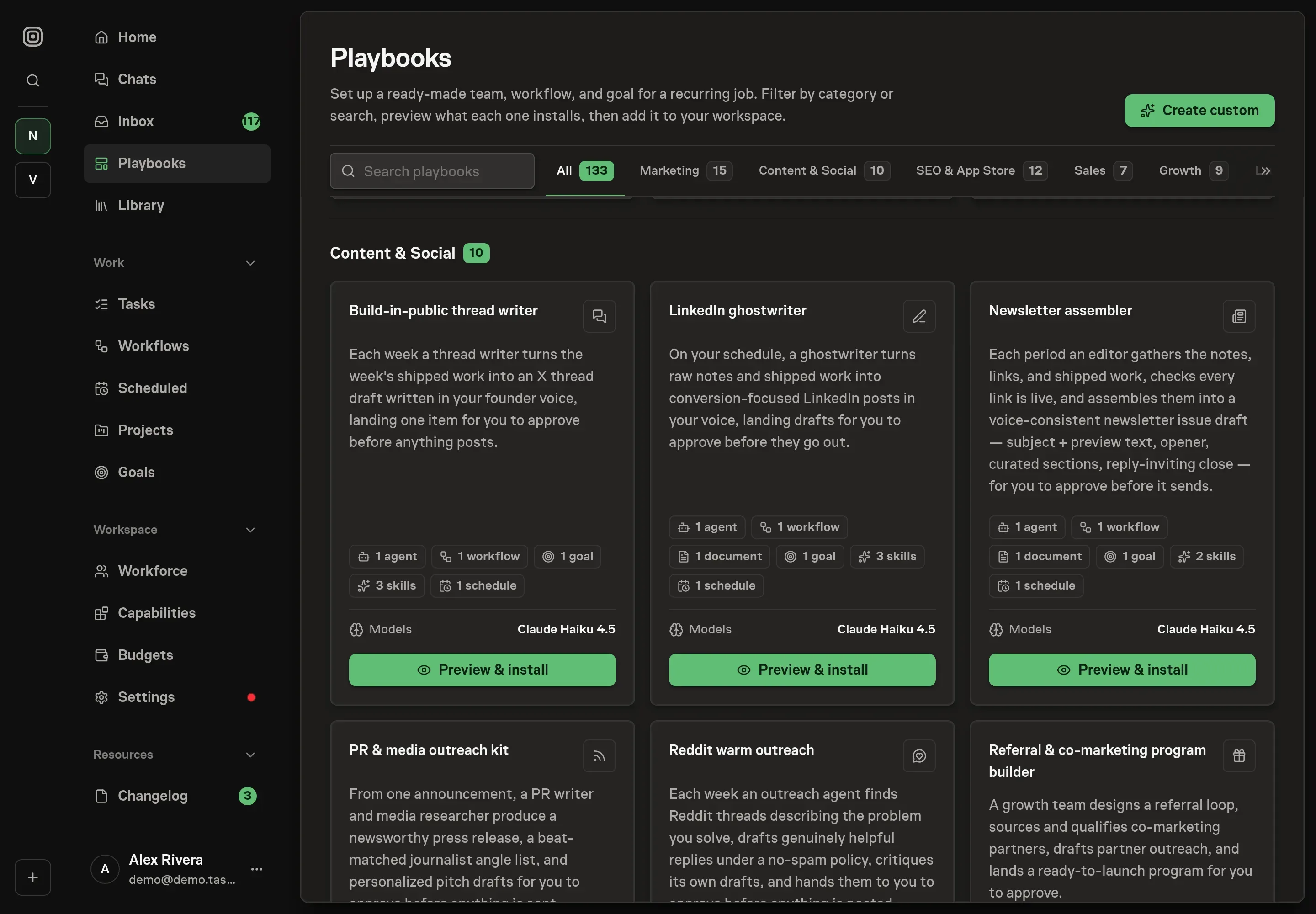 The playbook gallery with the Build-in-public thread writer card in the Content category, listing one agent, one workflow, one goal, three skills, and one schedule