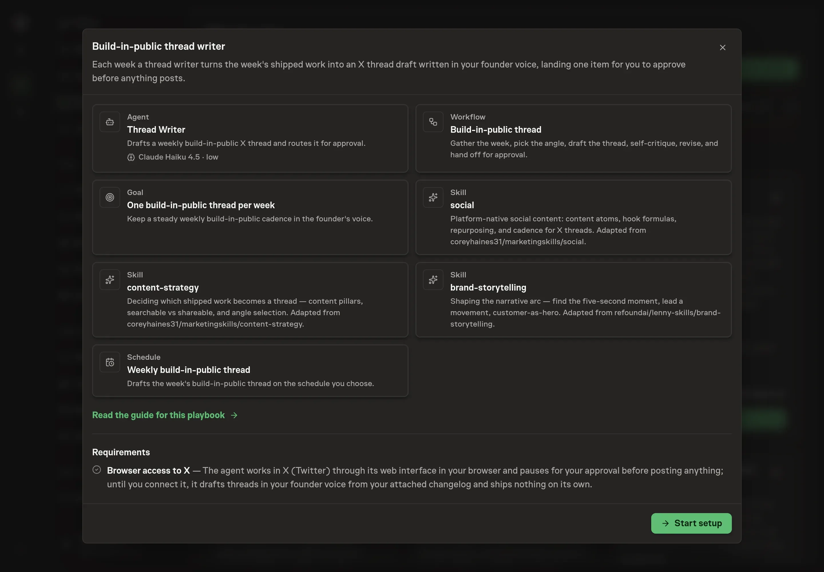 The Build-in-public thread writer preview listing the Thread Writer agent, the thread workflow, the weekly goal, all three skills, and the schedule, with a Start setup button