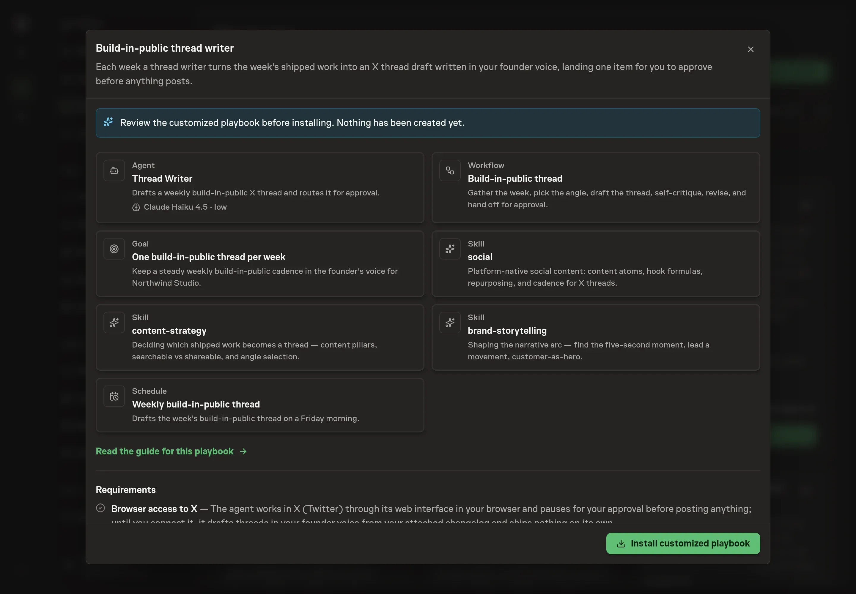 The review step showing the customized Thread Writer agent, workflow, goal, skills, and schedule, with a banner confirming nothing has been created yet
