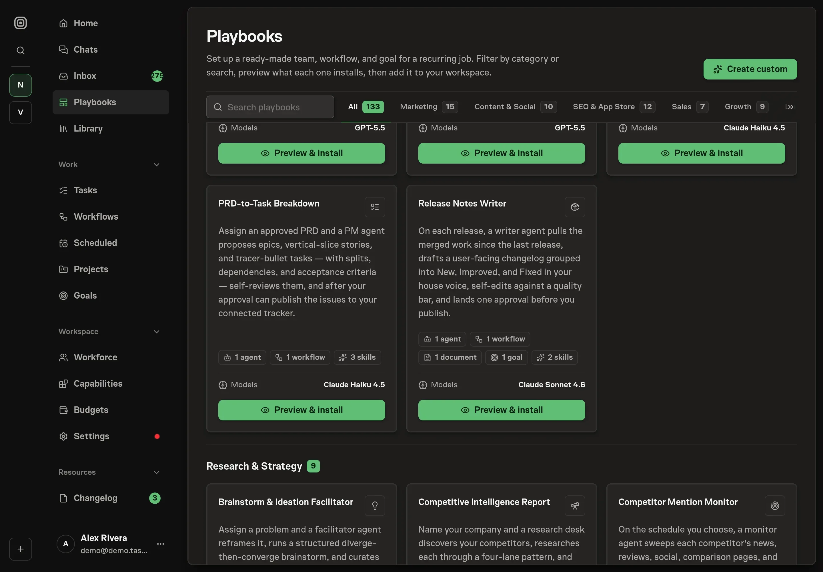 The playbook gallery with the PRD-to-Task Breakdown card in the Product category, listing the PM agent, workflow, and three skills