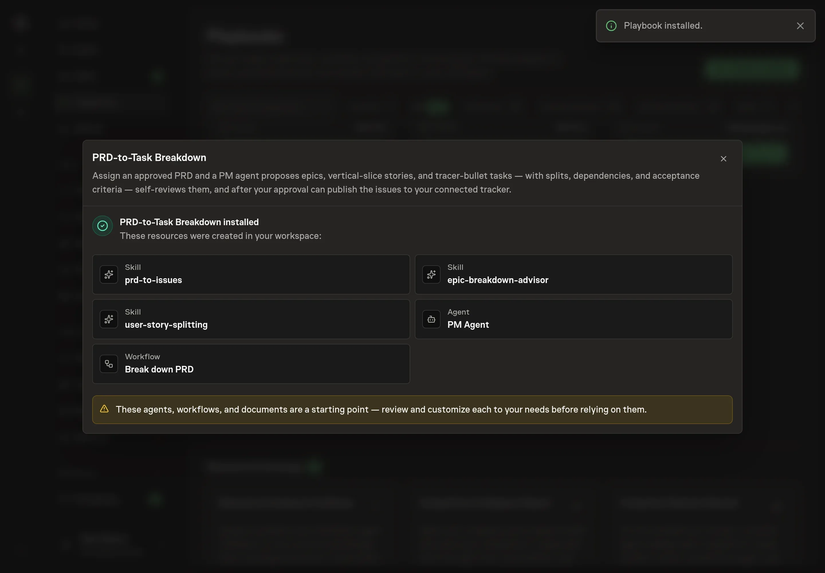 The install confirmation listing the created PRD breakdown skills, PM Agent, and workflow