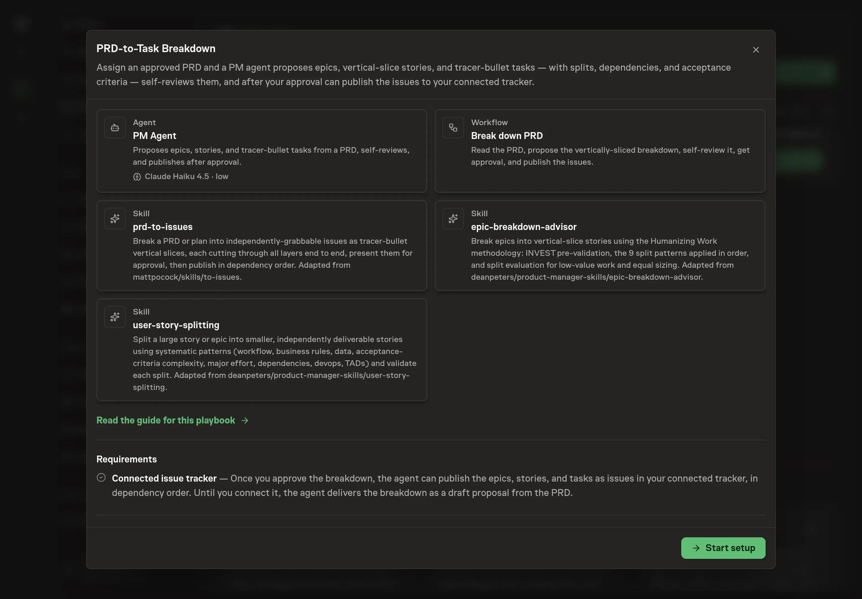 The PRD-to-Task Breakdown preview listing the PM Agent, breakdown workflow, issue-tracker requirement, and skills