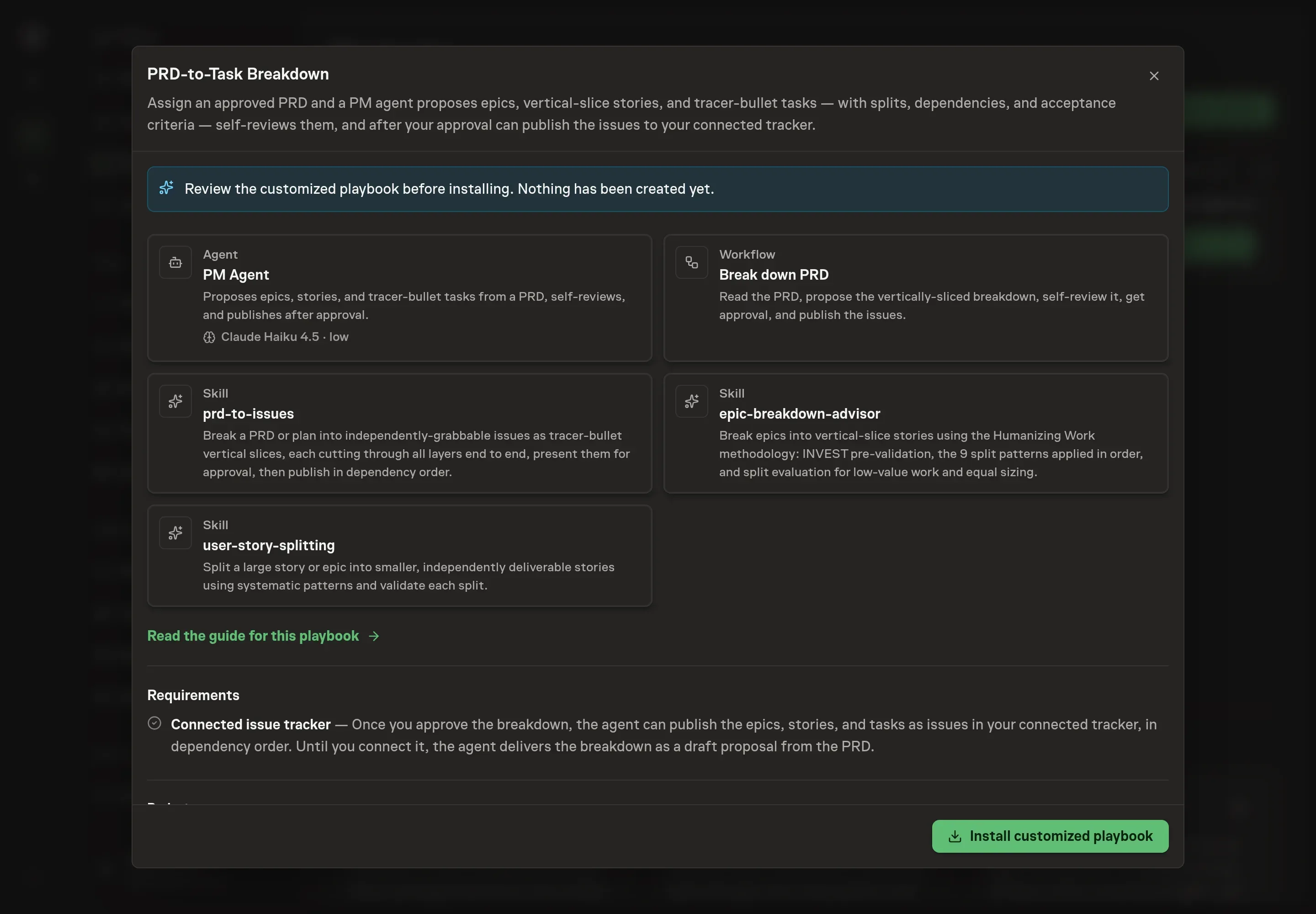 The review step showing the customized PRD breakdown workflow, PM Agent, and decomposition skills before installation