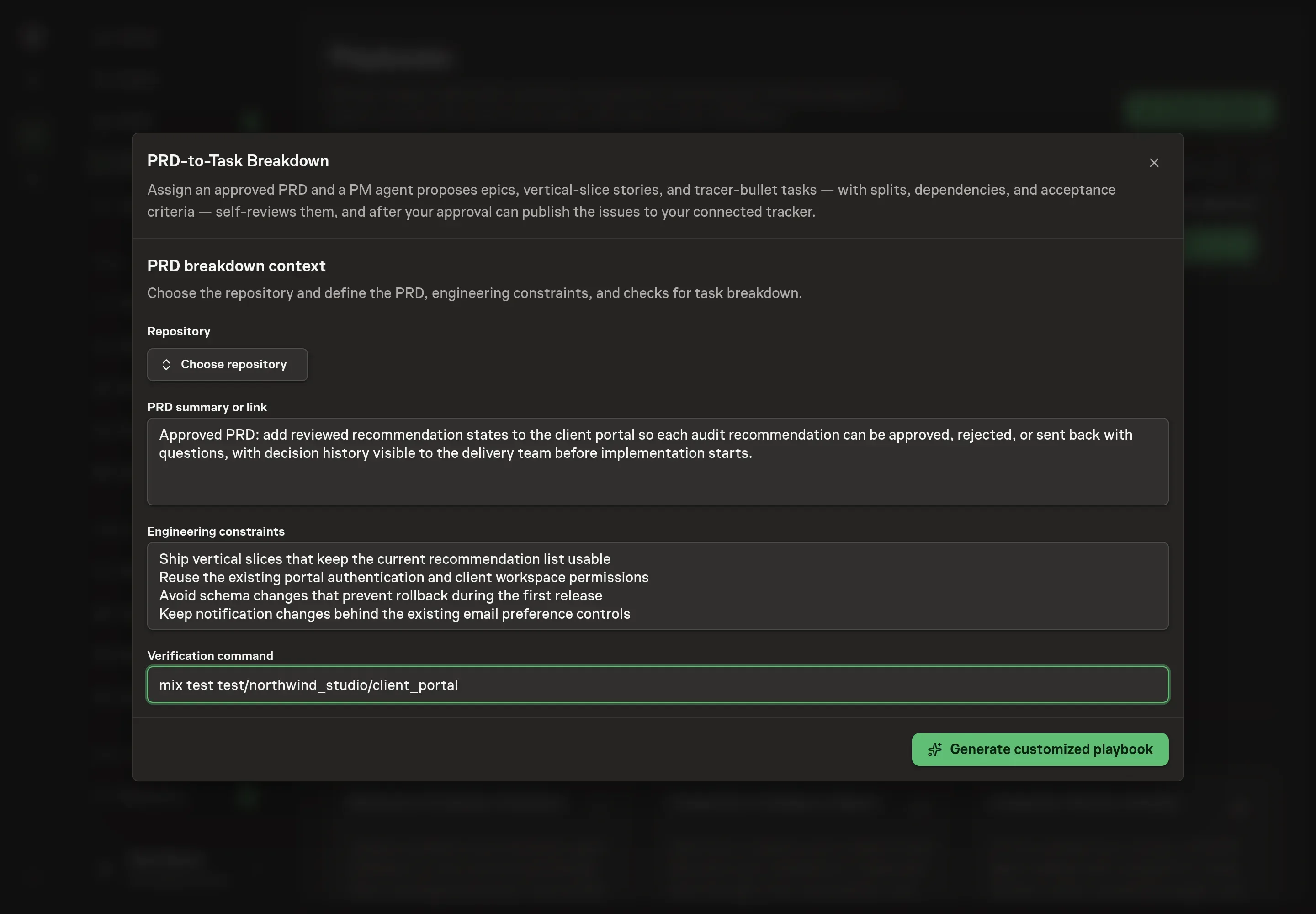 The setup form filled in with a repository, PRD link, engineering constraints, and verification command