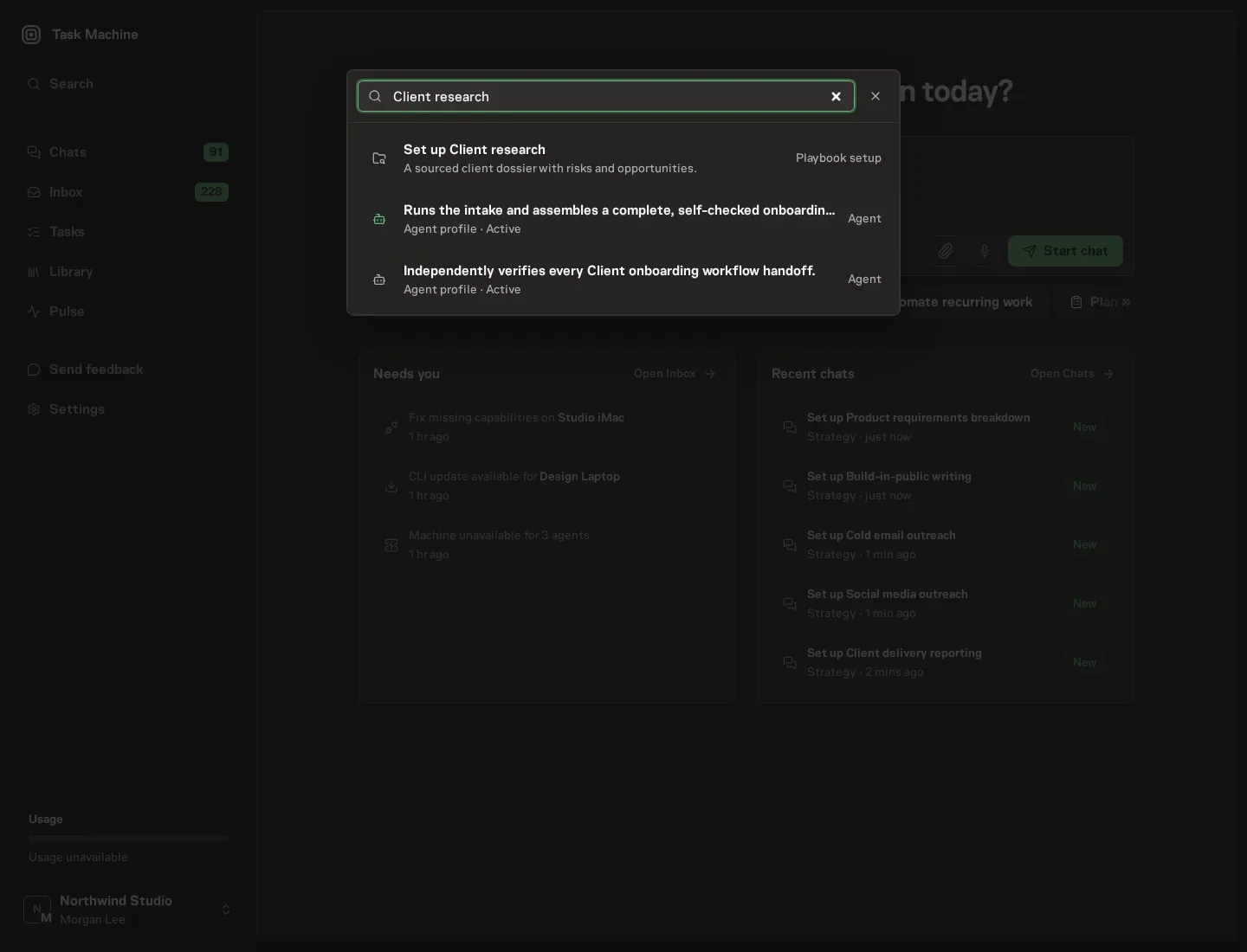 The command center offering Set up Client research