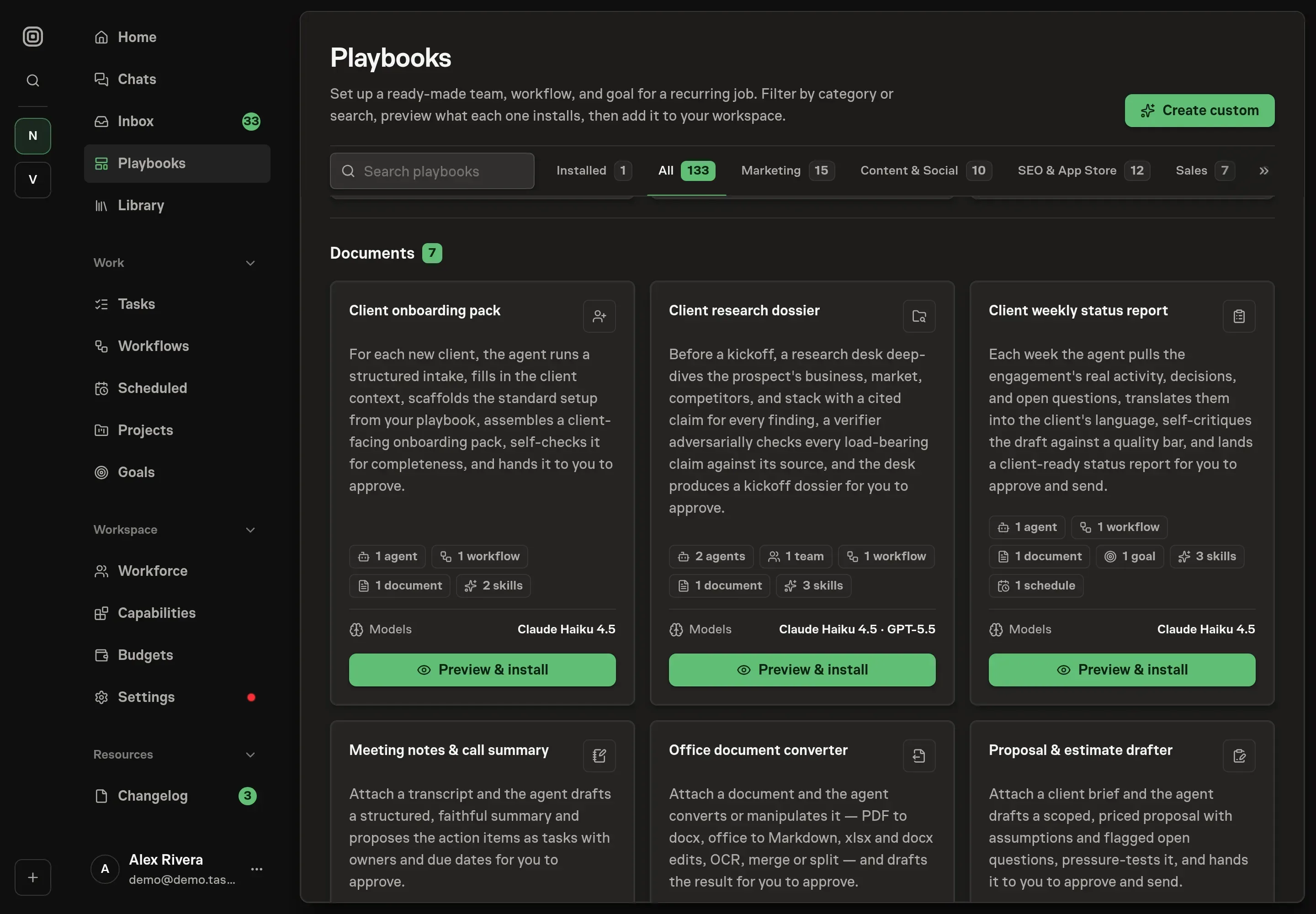 The playbook gallery with the Client research dossier card in the Documents category, listing two agents, one team, one workflow, one document, and three skills