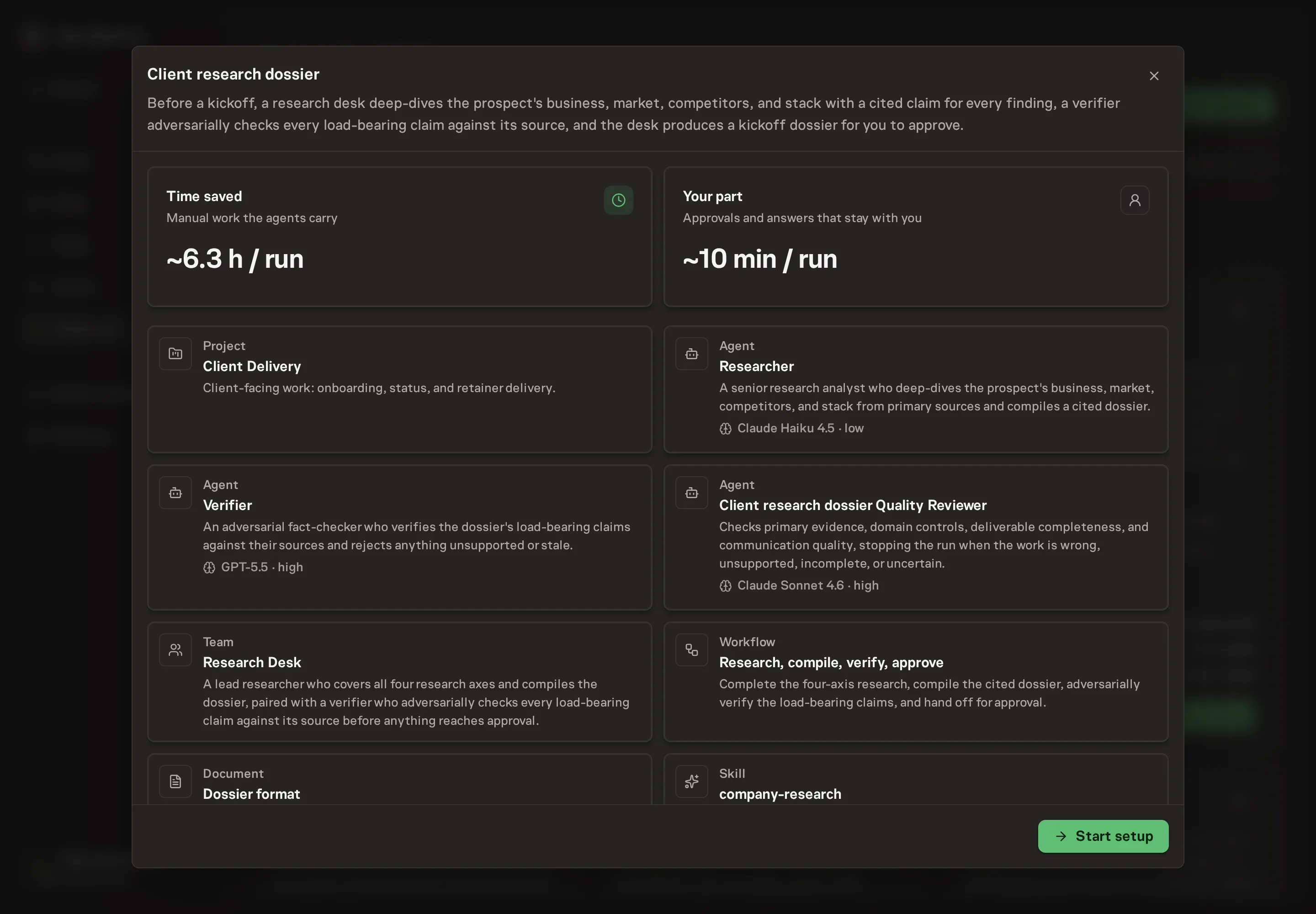 The Client research dossier preview listing the Researcher and Verifier agents, the Research Desk team, the workflow with its approval step, the Dossier format document, and the three research skills, with a Start setup button