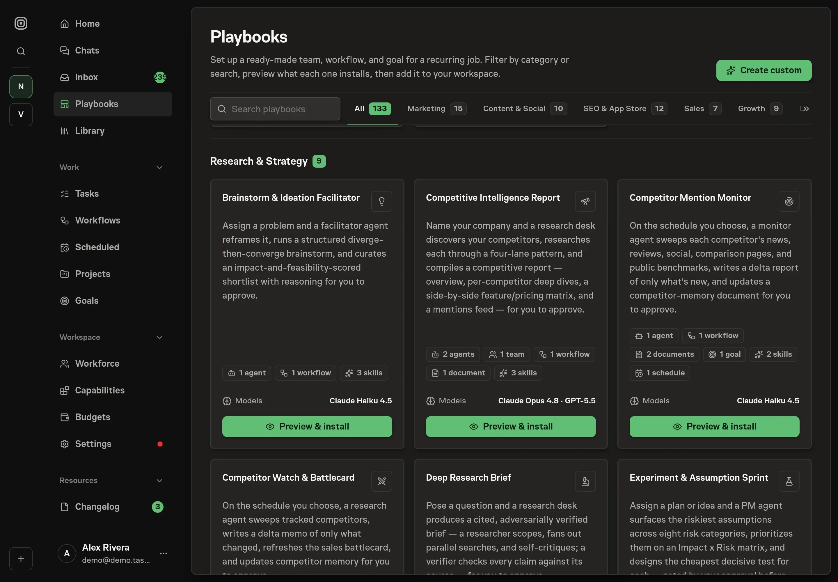 The playbook gallery with the Competitive Intelligence Report card in the Research category, listing two agents, one team, one workflow, one document, and three skills