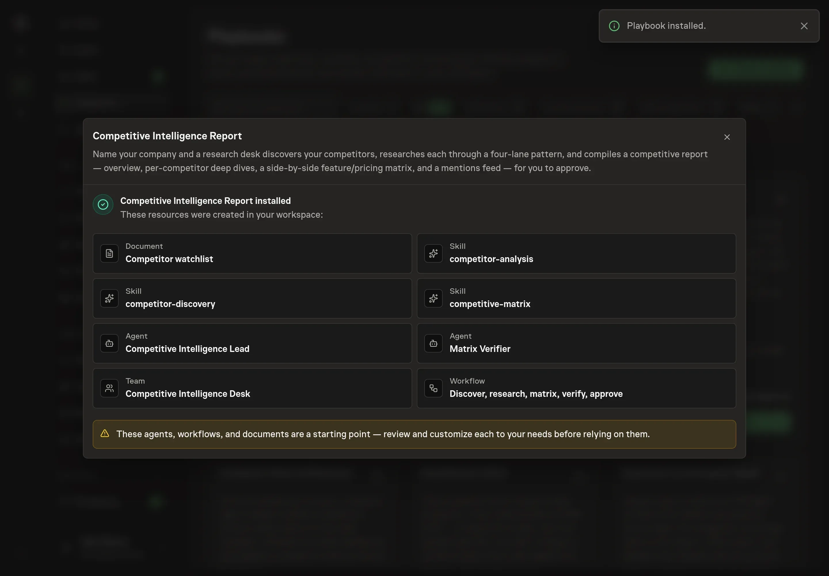 The install confirmation listing the created watchlist document, three skills, both agents, the desk team, and the workflow, with a Playbook installed notice