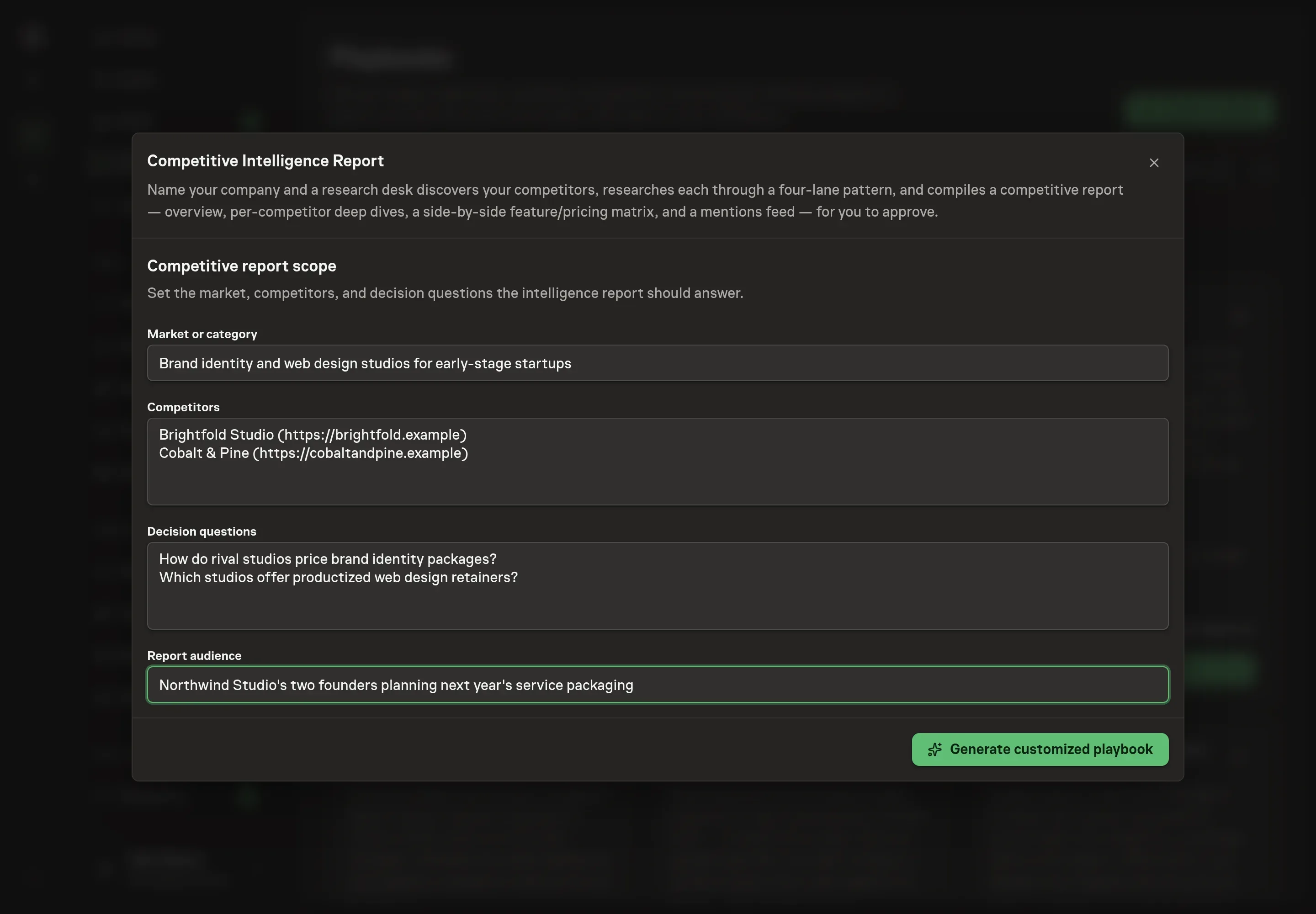 The setup form filled in with a market description, two seeded competitors, two decision questions, and the report audience