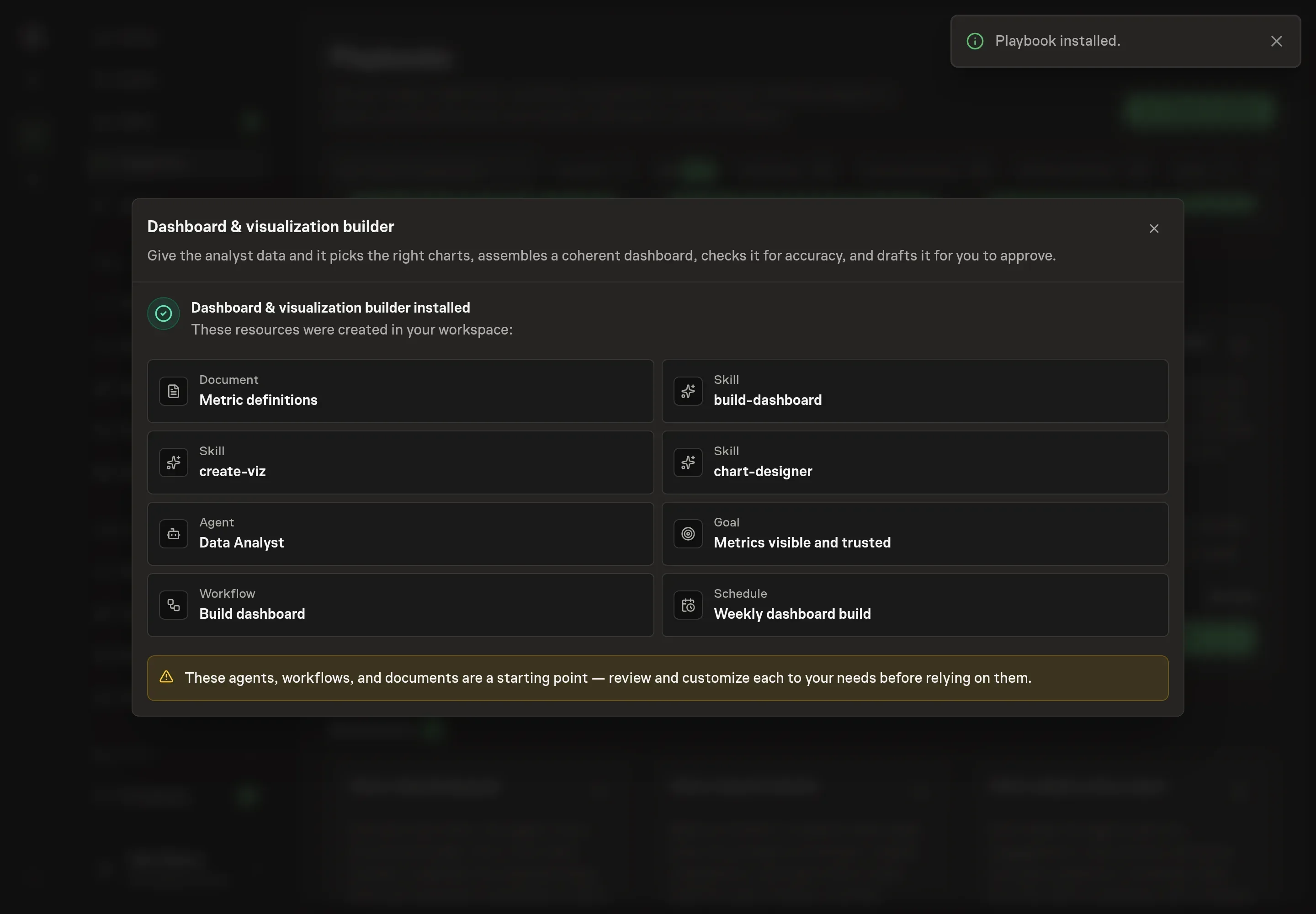 The install confirmation listing the created Dashboard builder records and follow-ups for defining metrics and starting the dashboard workflow