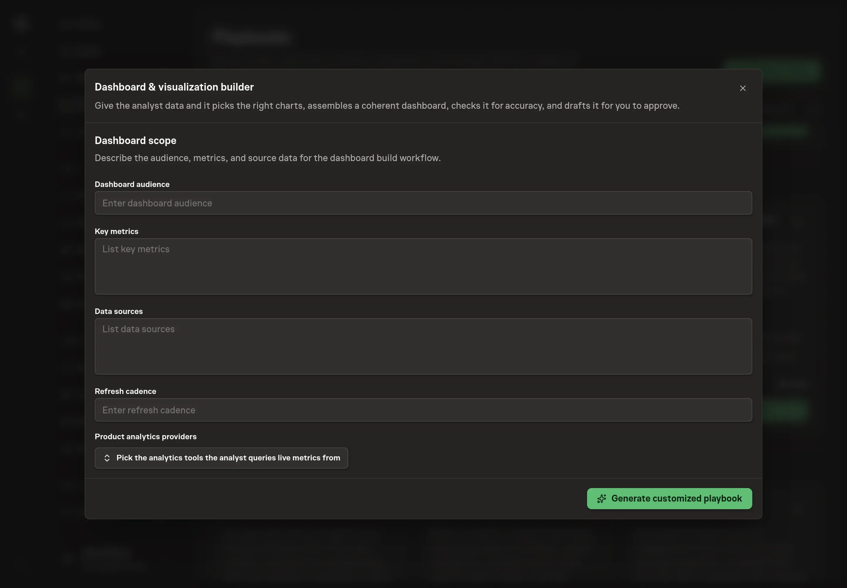 The analytics providers picker open on the setup step, with PostHog selected and Mixpanel available for the dashboard builder