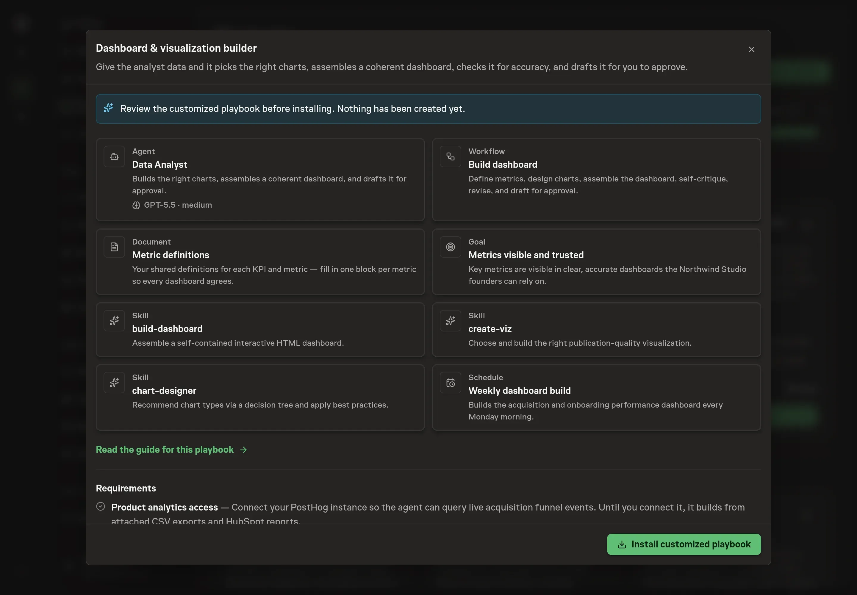 The review step showing the customized Dashboard builder records, with PostHog selected and the metric definitions document ready to install
