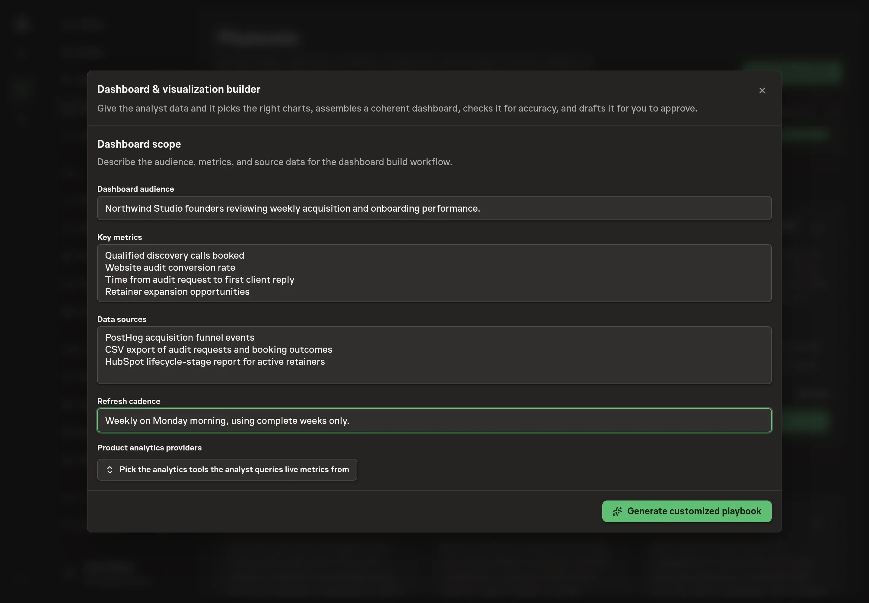 The setup form filled with Northwind Studio's dashboard audience, key metrics, data sources, refresh cadence, and selected analytics provider