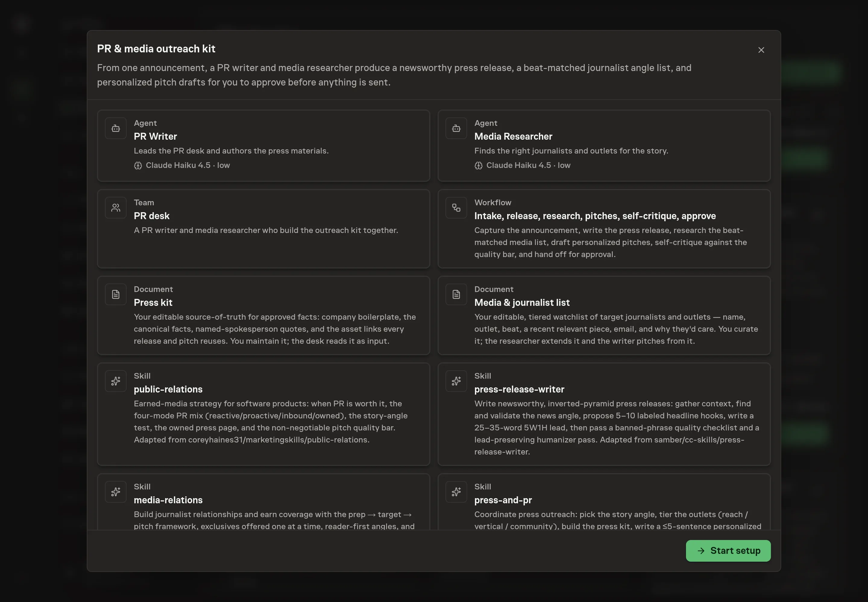 The PR and media outreach kit preview listing the agents, team, workflow, documents, and PR skills, with a Start setup button