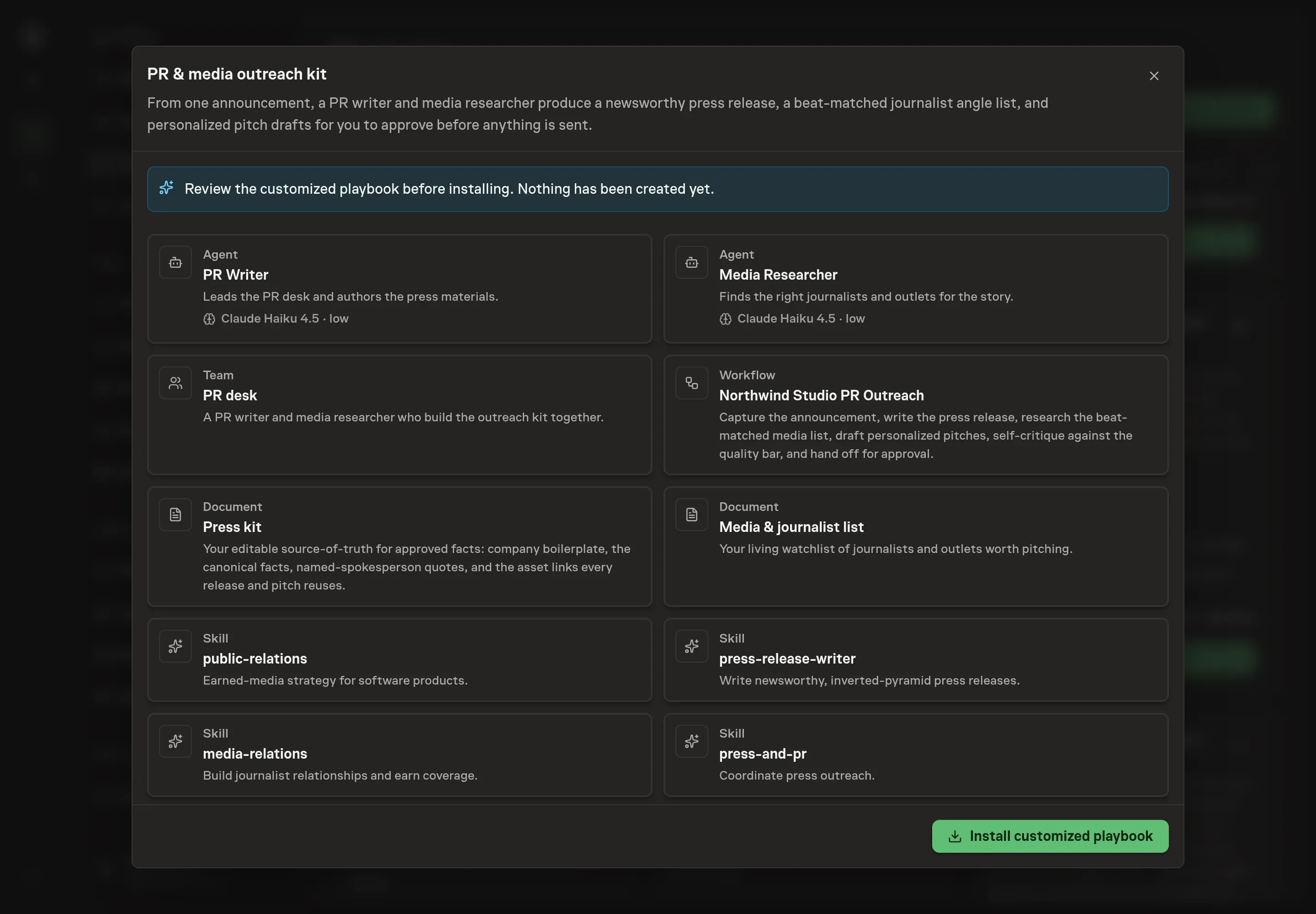 The review step showing the customized PR Writer, Media Researcher, press kit, media list, and approval workflow