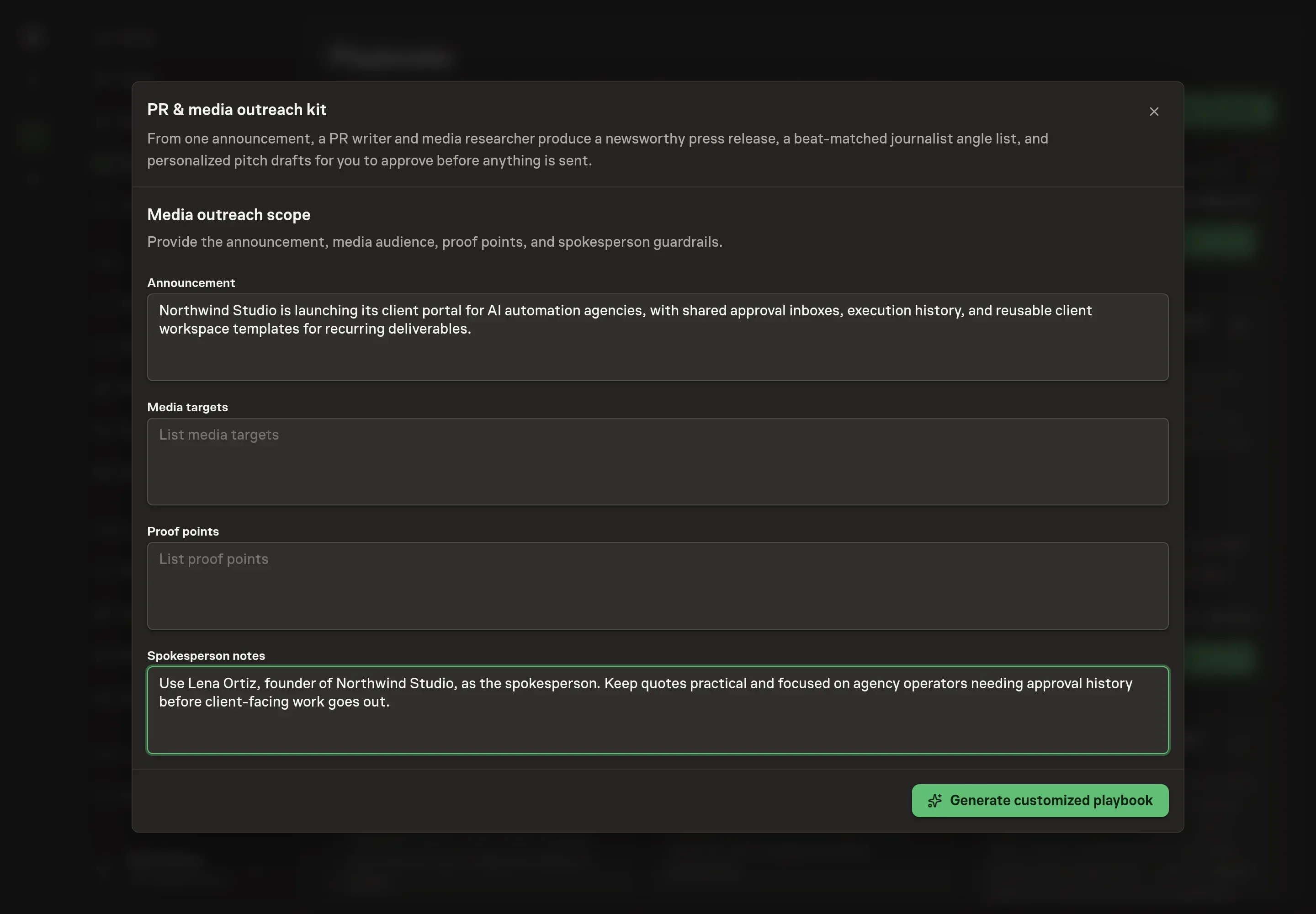 The setup form filled with an announcement, media targets, proof points, and spokesperson notes for a Northwind Studio launch