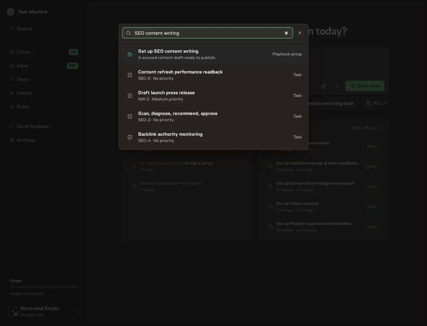 The command center offering Set up SEO content writing
