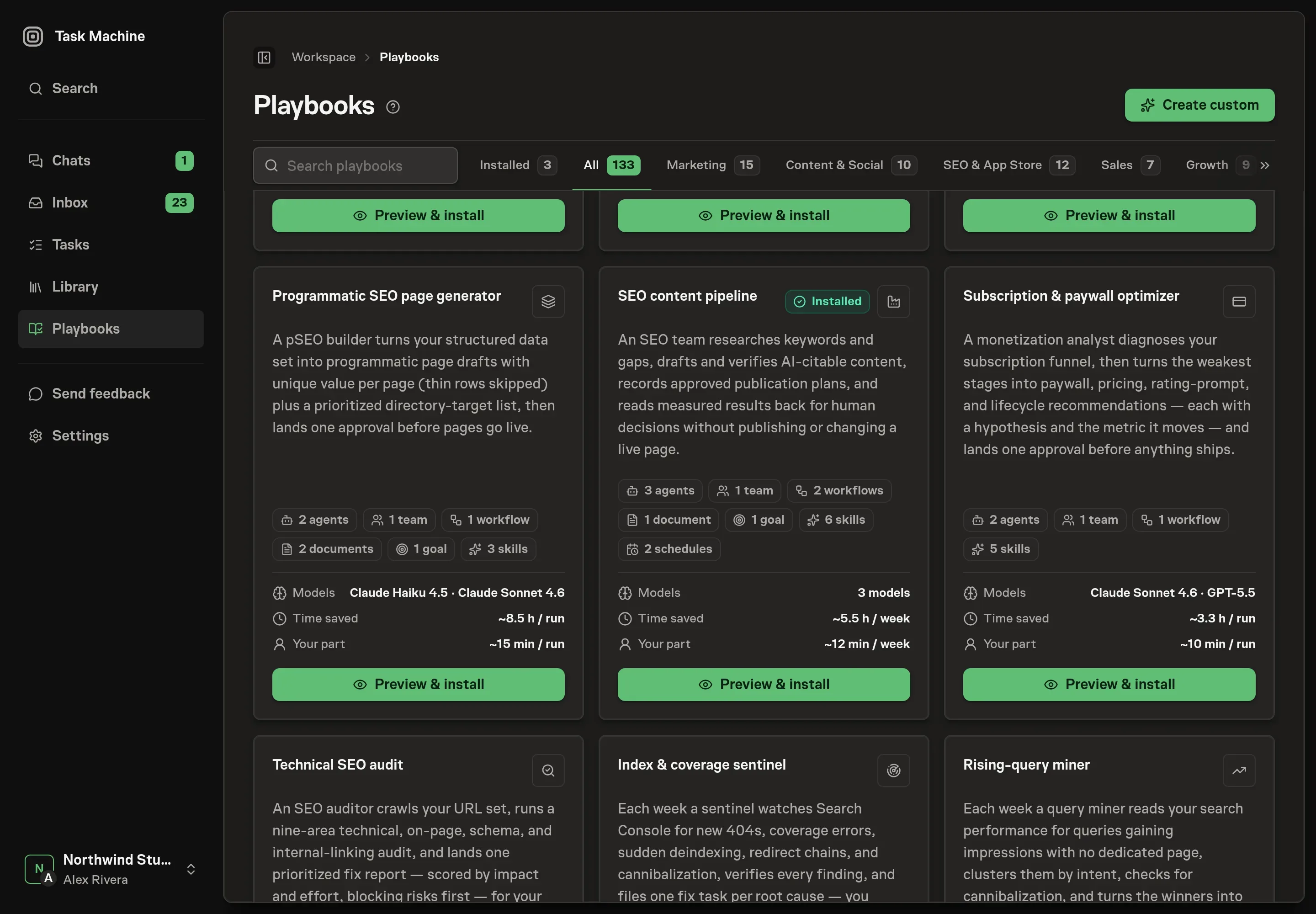 The playbook gallery with the SEO content pipeline card in view, listing three agents, one team, two workflows, one document, one goal, six skills, and two schedules