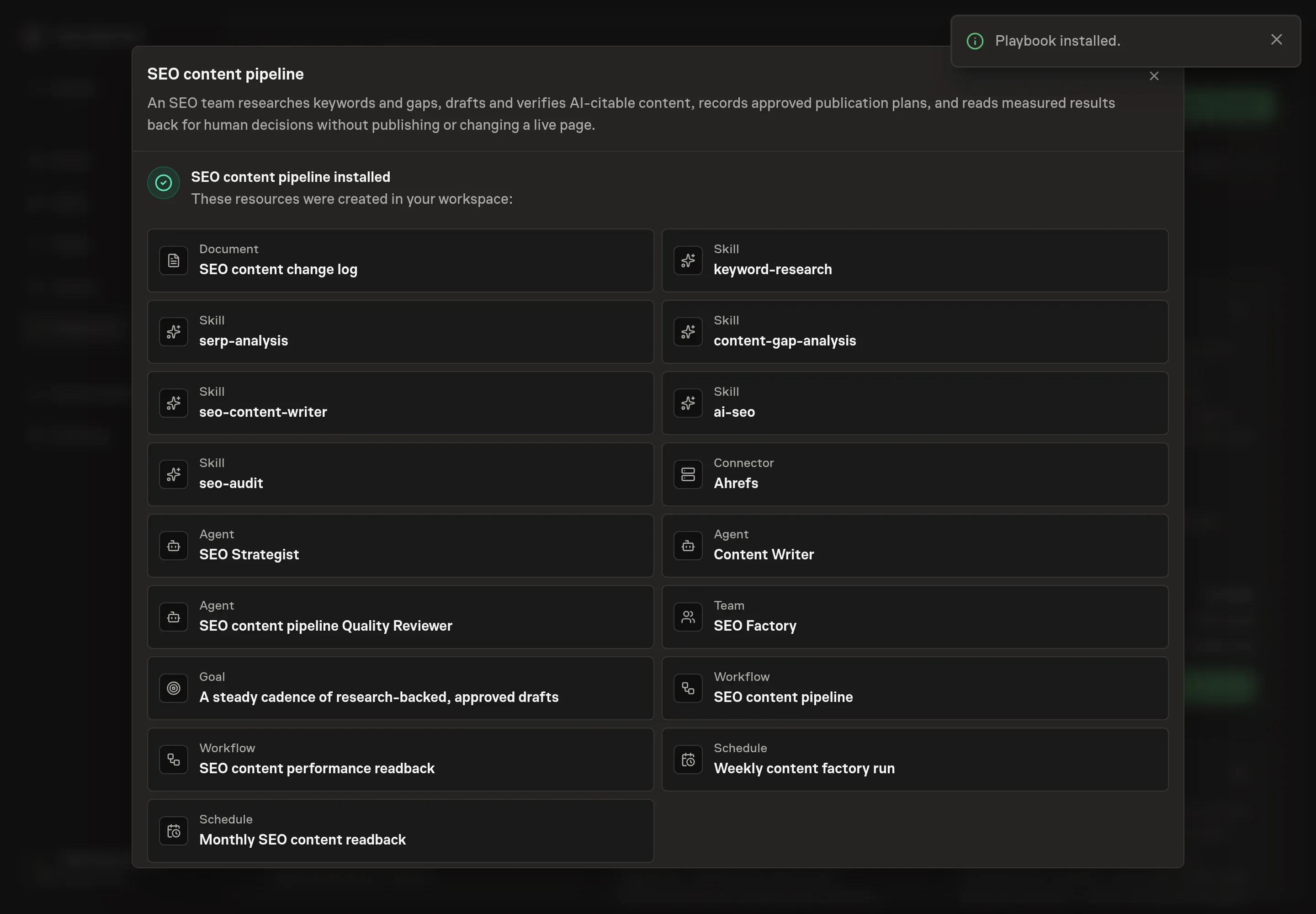 The install confirmation listing the strategist, writer, quality reviewer, team, two workflows, change log, skills, Ahrefs service, goal, and schedules